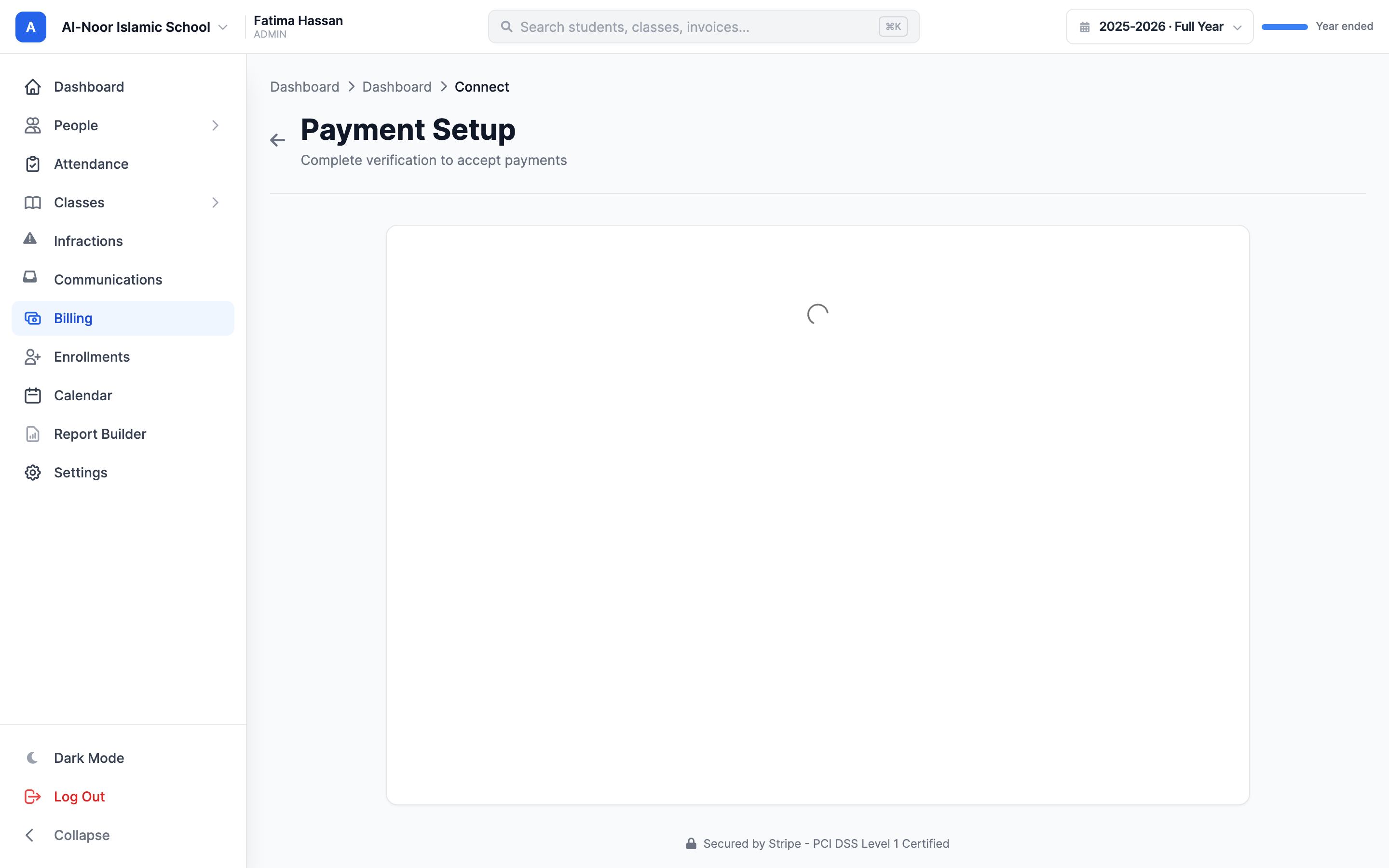 The Payment Setup page with the embedded Stripe onboarding form loading inside MarkTrack, and a footer reading 'Secured by Stripe - PCI DSS Level 1 Certified'.