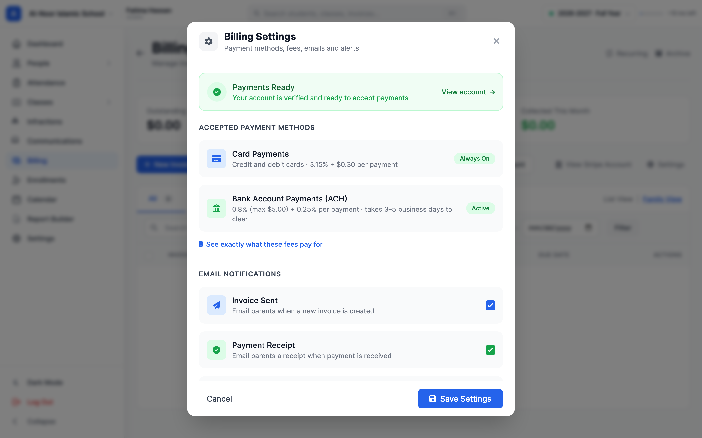 The Billing Settings window open over the Billing page, showing a green 'Payments Ready' banner and an Accepted Payment Methods section listing Card Payments and Bank Account Payments (ACH) with the fee for each.