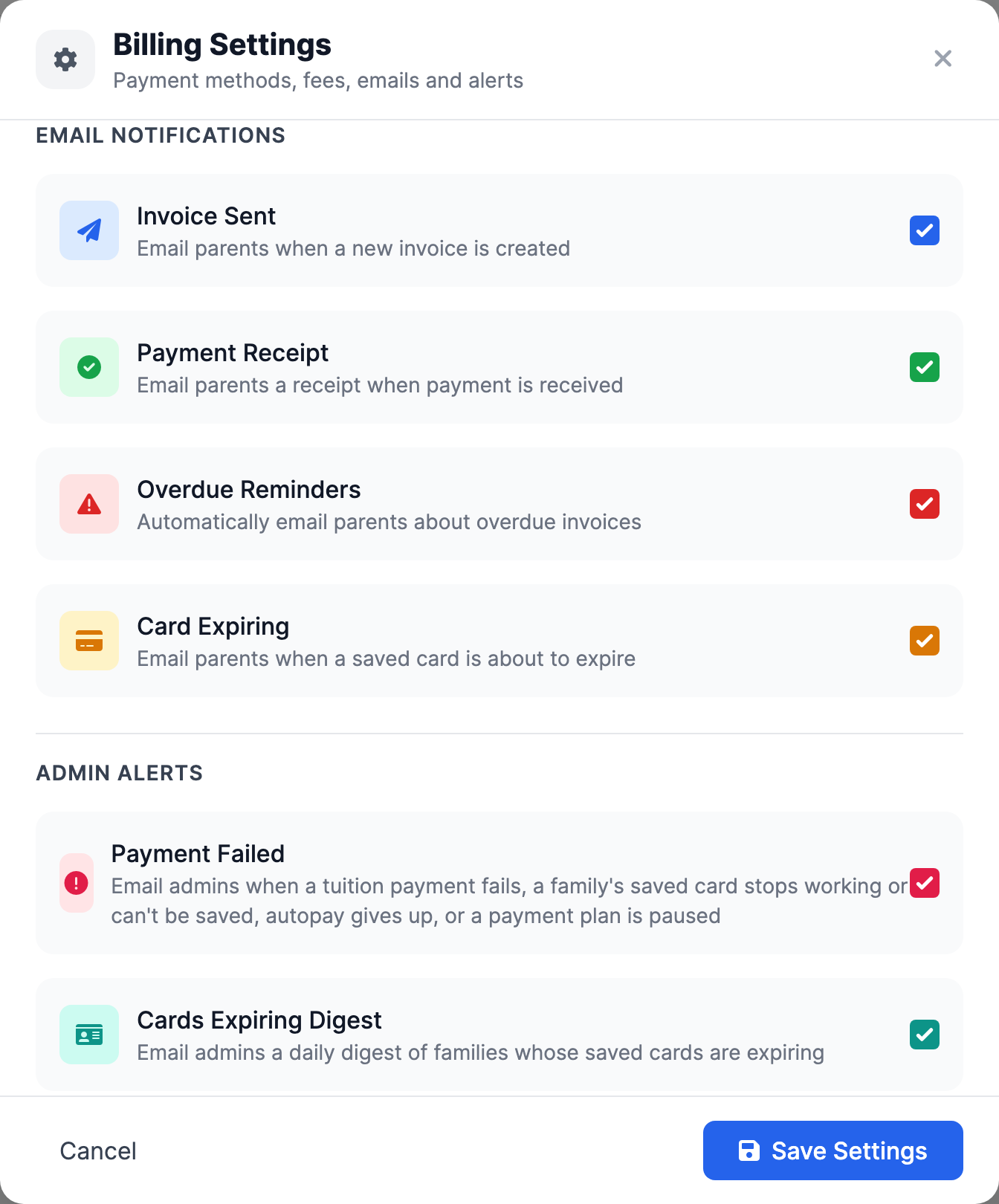 The Billing Settings window with Email Notifications toggles for Invoice Sent, Payment Receipt, Overdue Reminders and Card Expiring, Admin Alerts below, and a blue Save Settings button.