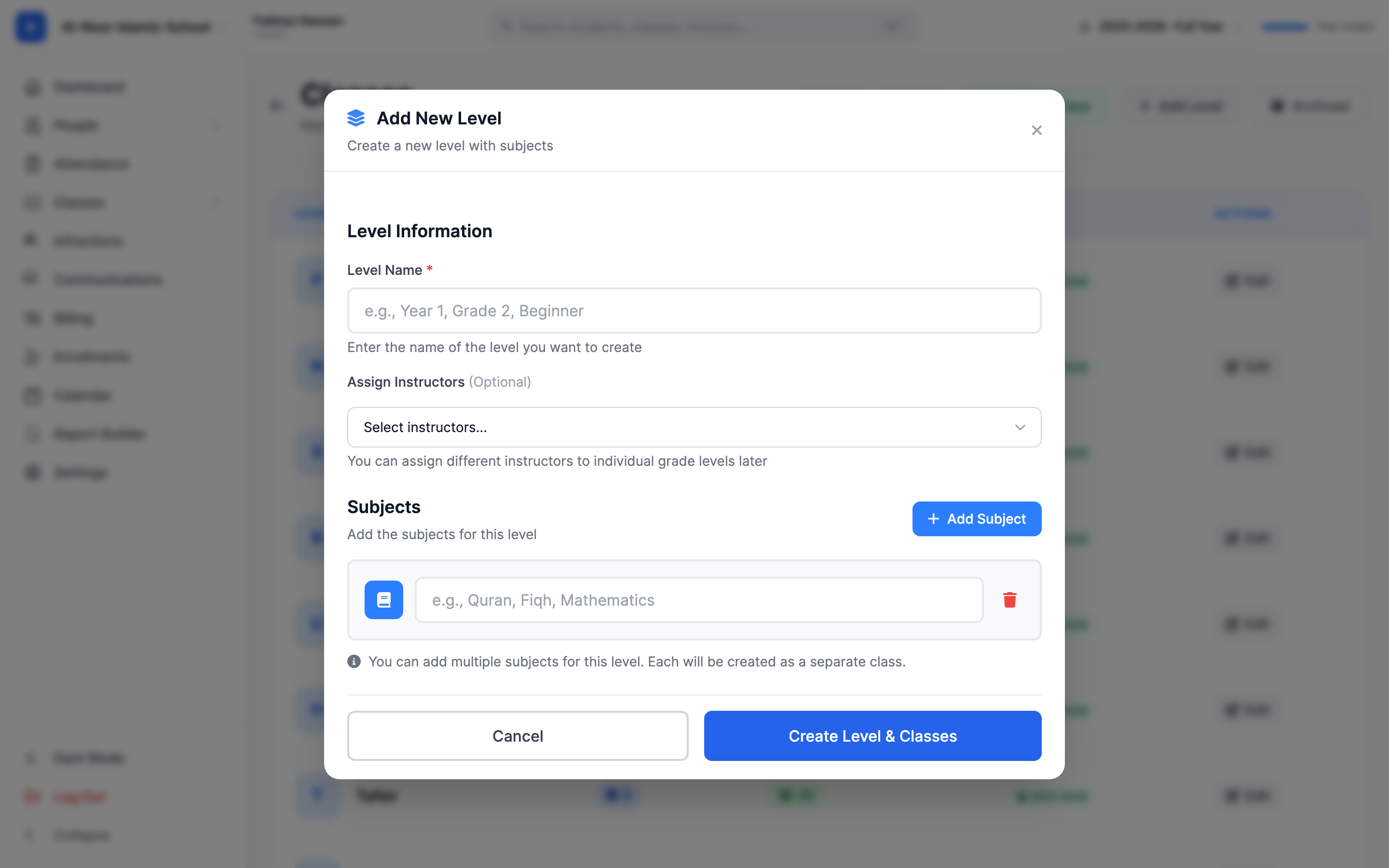 The Add New Level modal showing the Level Name field with the placeholder 'e.g., Year 1, Grade 2, Beginner', the optional instructor multi-select, and the Subjects section with an Add Subject button.