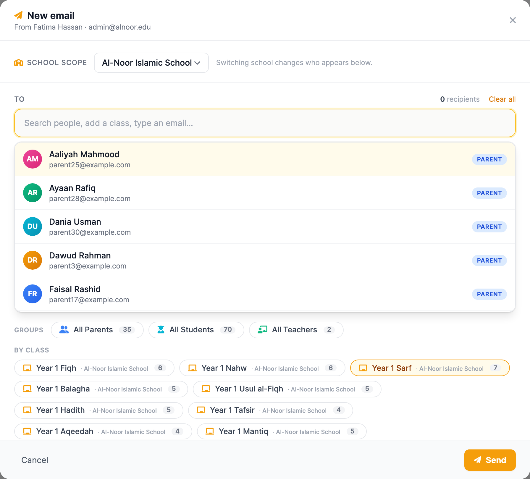 The New email composer window open over the admin dashboard, showing the From line with the sender's name and email, a To recipients box with a search field, the All Parents, All Students, and All Teachers group chips, a Subject field, and a rich-text Message editor.