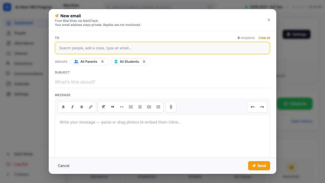 The New email composer showing the sender's name via MarkTrack and a note that their email address stays private, followed by recipient groups, Subject, and the Message editor.