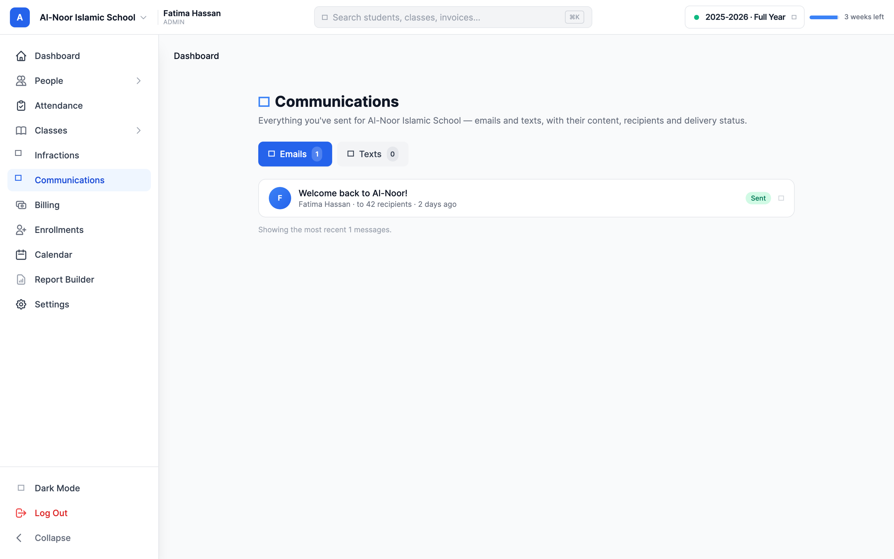 The Communications hub page with the Emails and Texts tabs, each showing a count badge, and a list of sent emails showing the subject, sender, time sent, and recipient count for each row.