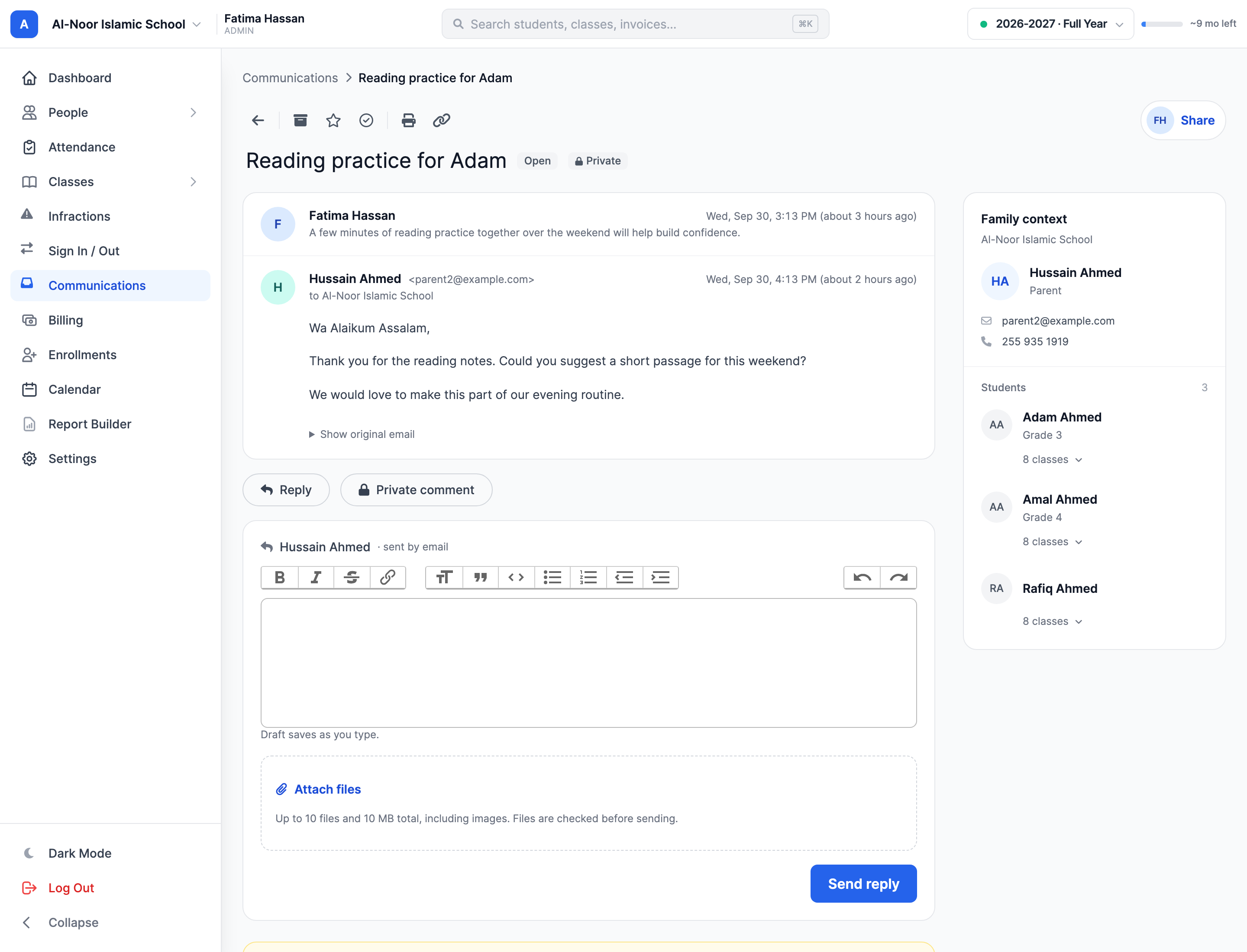 A family email conversation with incoming and outgoing messages and the reply and internal comment controls.