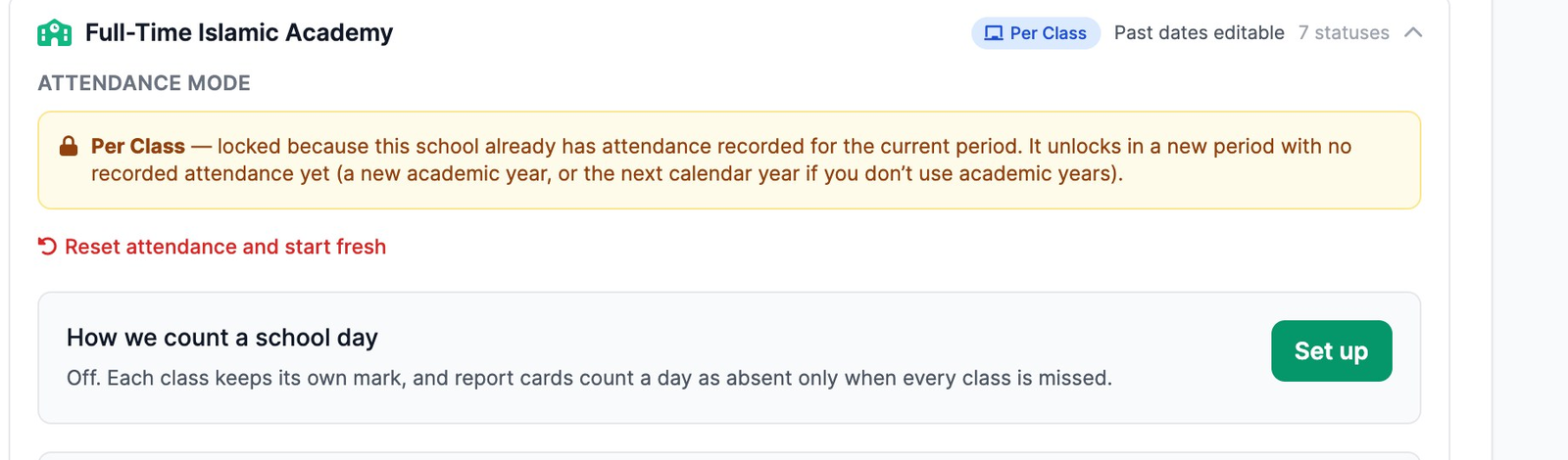 Settings, Attendance: the school marked Per Class, and the How we count a school day row, off, with a Set up button.