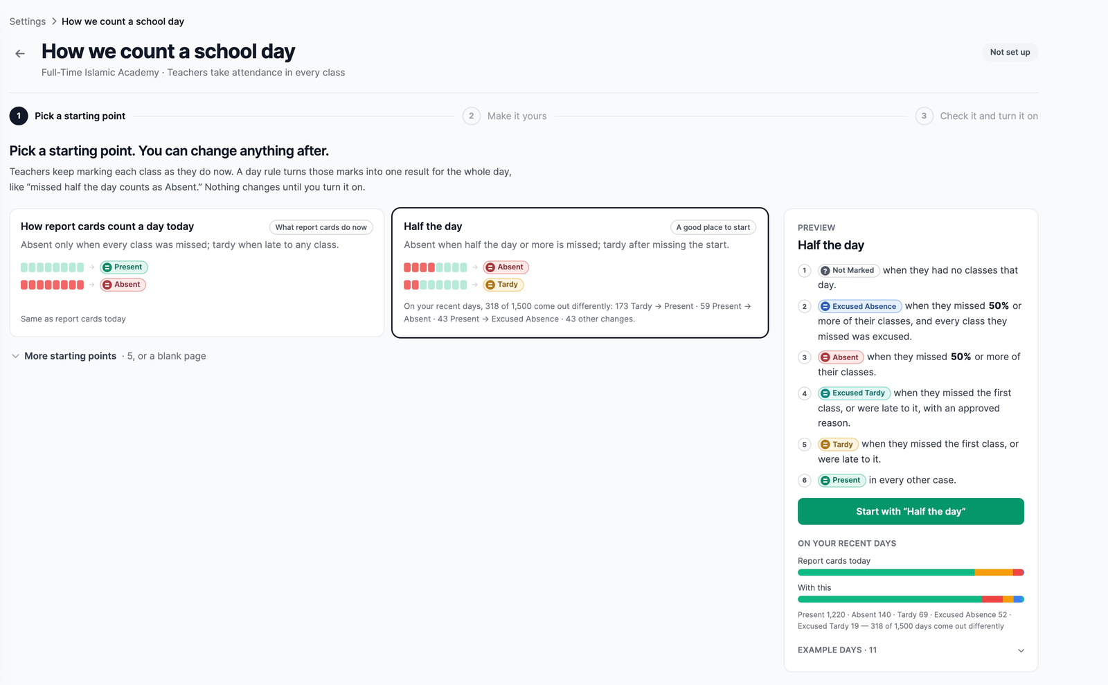 The starting points: How report cards count a day today and Half the day, with Half the day's sentences in the preview on the right and More starting points below.