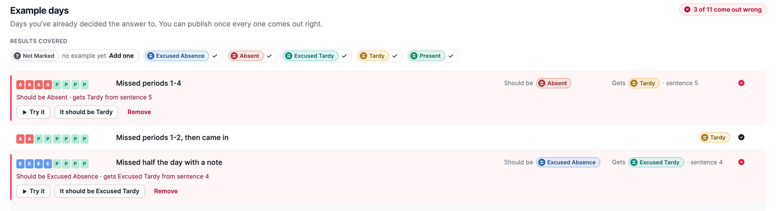 Example days after the share was changed from 50% to 75%: Missed periods 1-4 should be Absent but gets Tardy from sentence 5, with Try it, It should be Tardy and Remove.
