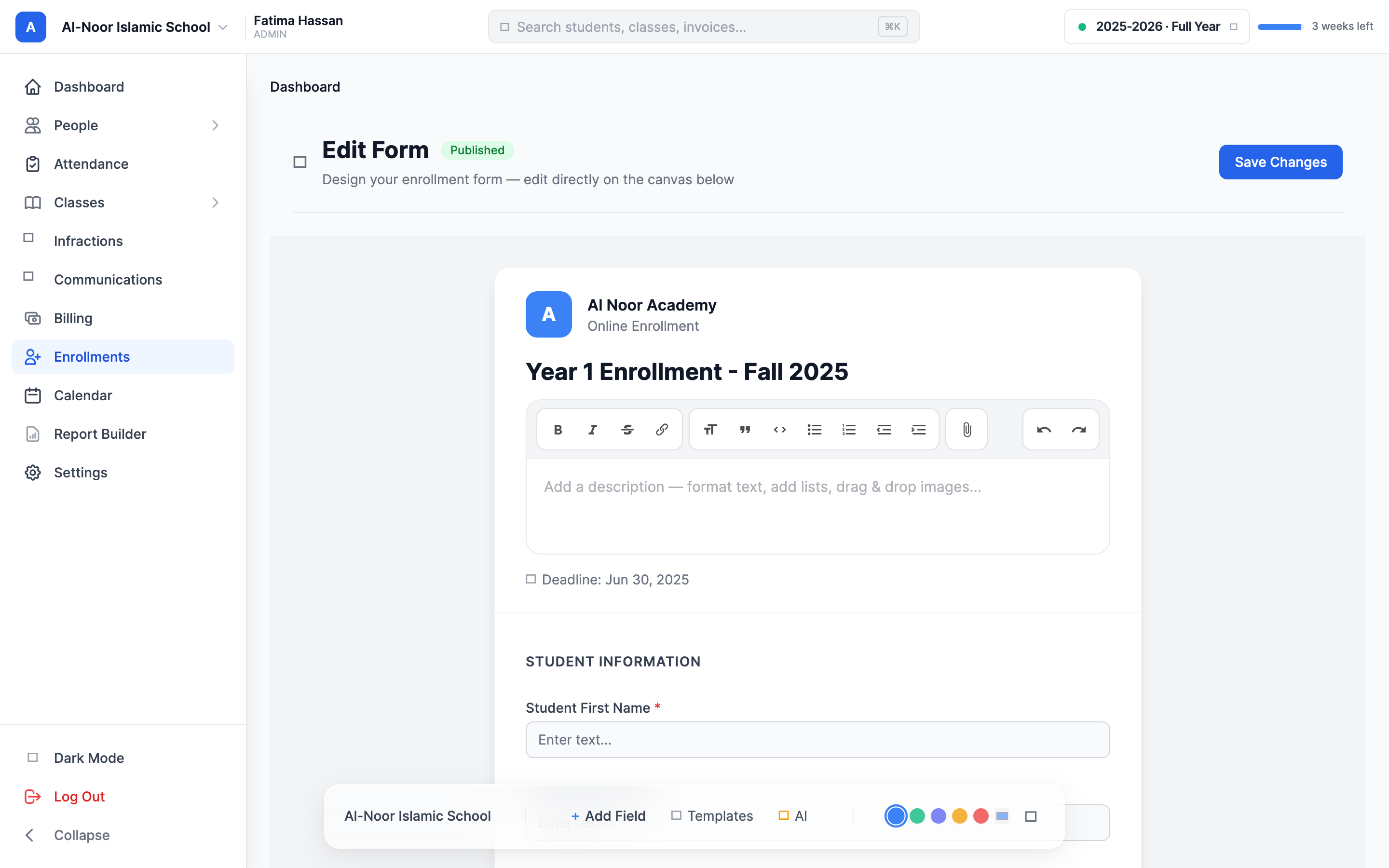 The enrollment form builder showing the live form canvas with student and parent fields, and the floating bottom toolbar with Add Field, Templates, AI, theme color dots, and the settings gear icon.
