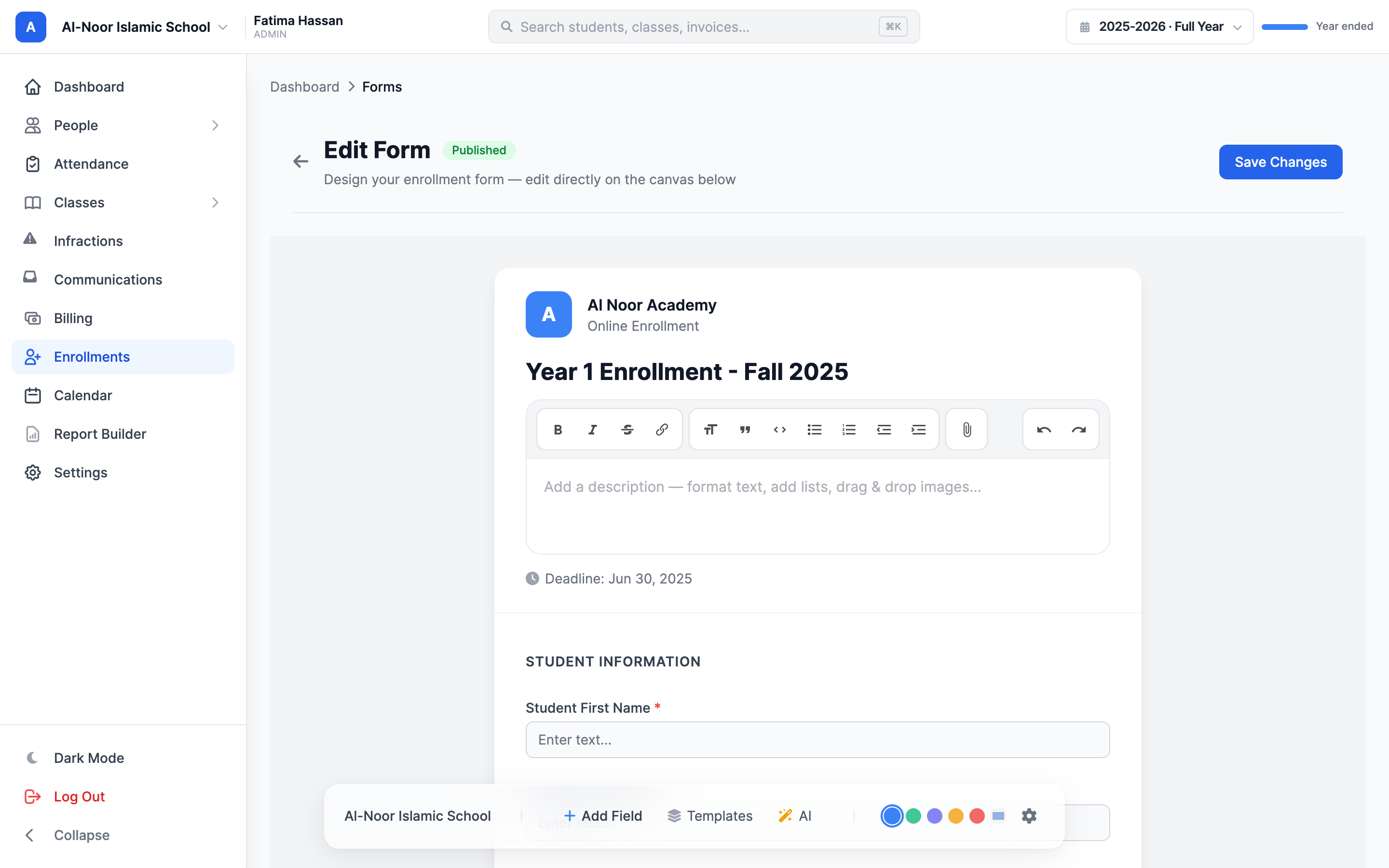 The enrollment form builder showing the live form canvas with student and parent fields, and the floating bottom toolbar with Add Field, Templates, AI, theme color dots, and the settings gear icon.