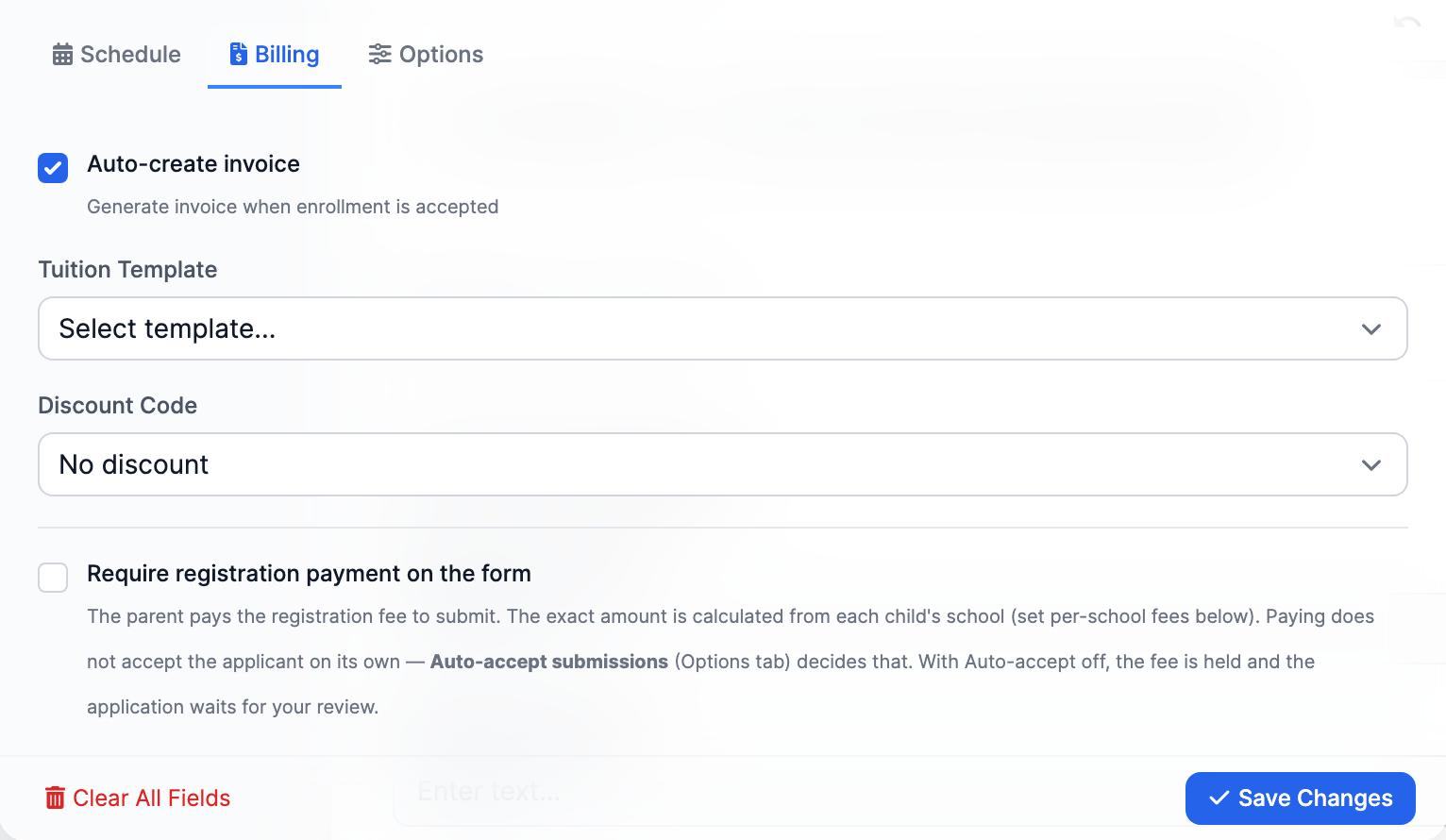 The Billing tab of the enrollment form editor, showing the Tuition Template dropdown, the Discount Code dropdown, the Auto-create invoice checkbox, and the Require registration payment on the form checkbox.