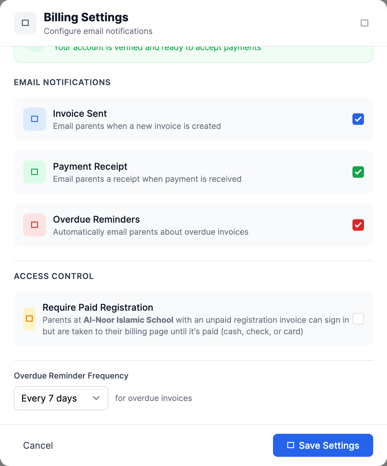 The Tuition Billing settings modal with the Access Control section, showing the Require Paid Registration toggle and its explanation that parents with an unpaid registration invoice are taken to their billing page until it is paid.