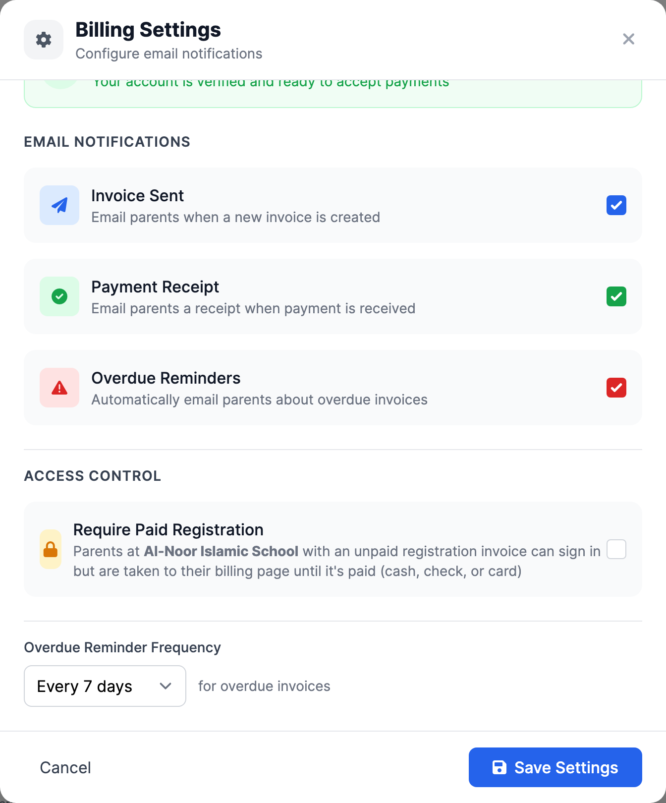 The Tuition Billing settings modal with the Access Control section, showing the Require Paid Registration toggle and its explanation that parents with an unpaid registration invoice are taken to their billing page until it is paid.