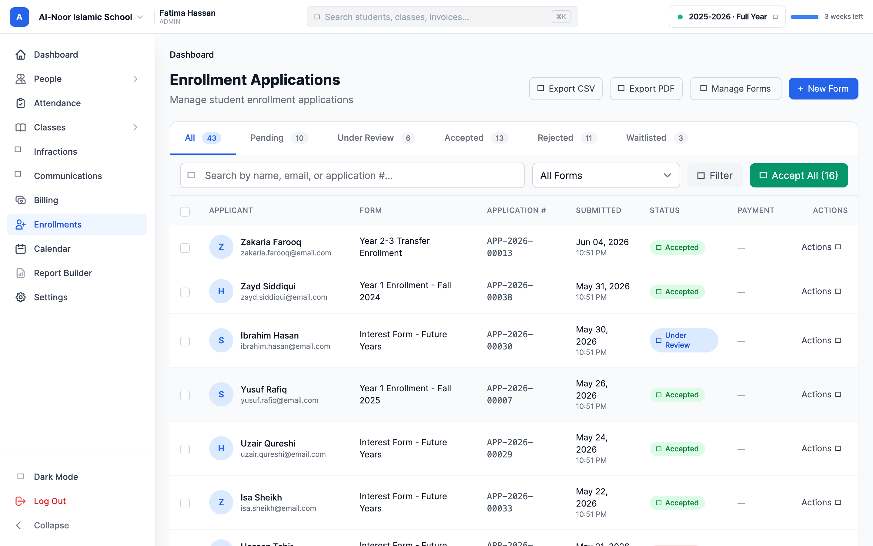 The Enrollment Applications page showing status tabs, the applicant list, and the Export CSV, Export PDF, and Accept All buttons in the header.