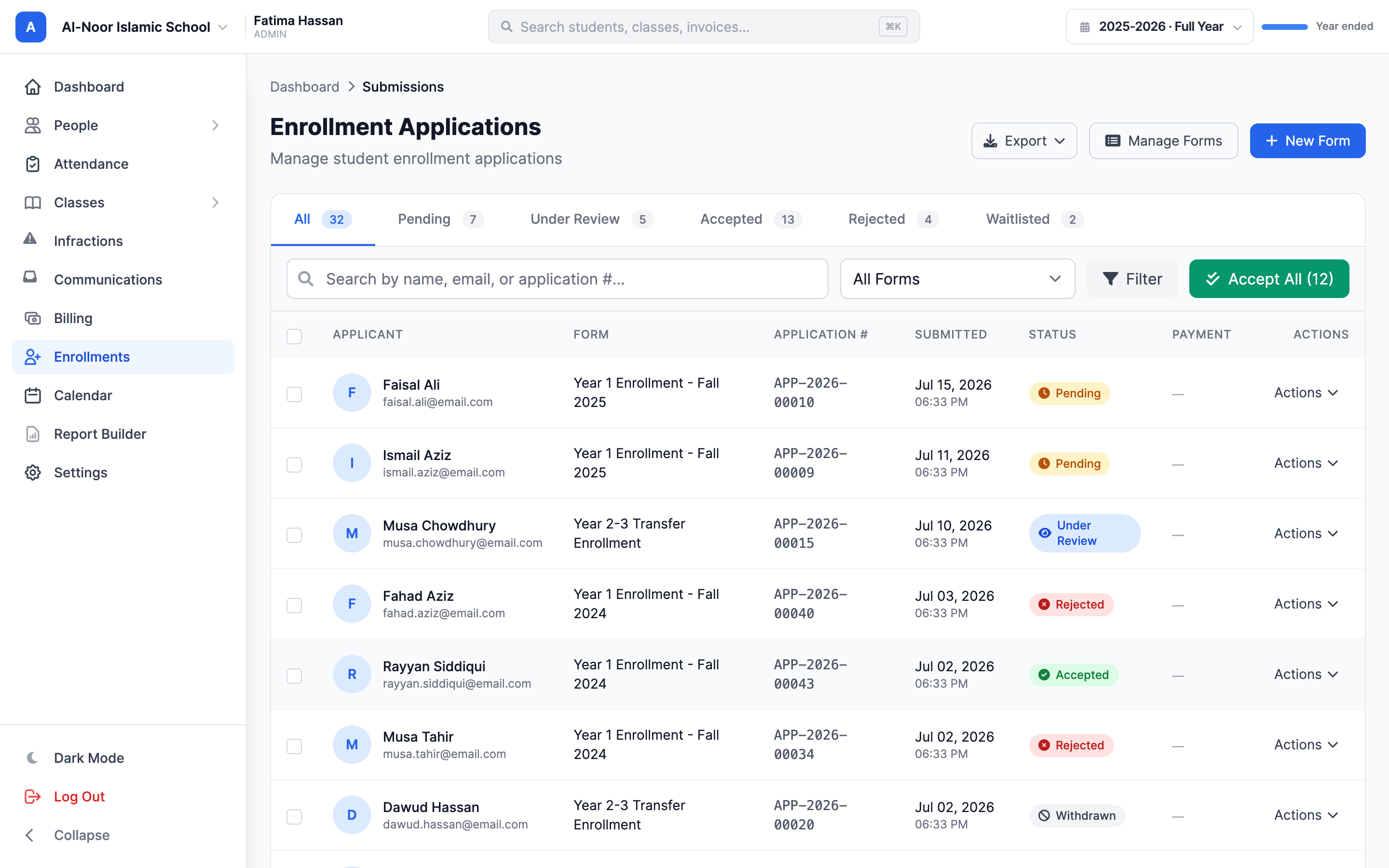 The Enrollment Applications page showing status tabs, the applicant list, and the Export CSV, Export PDF, and Accept All buttons in the header.