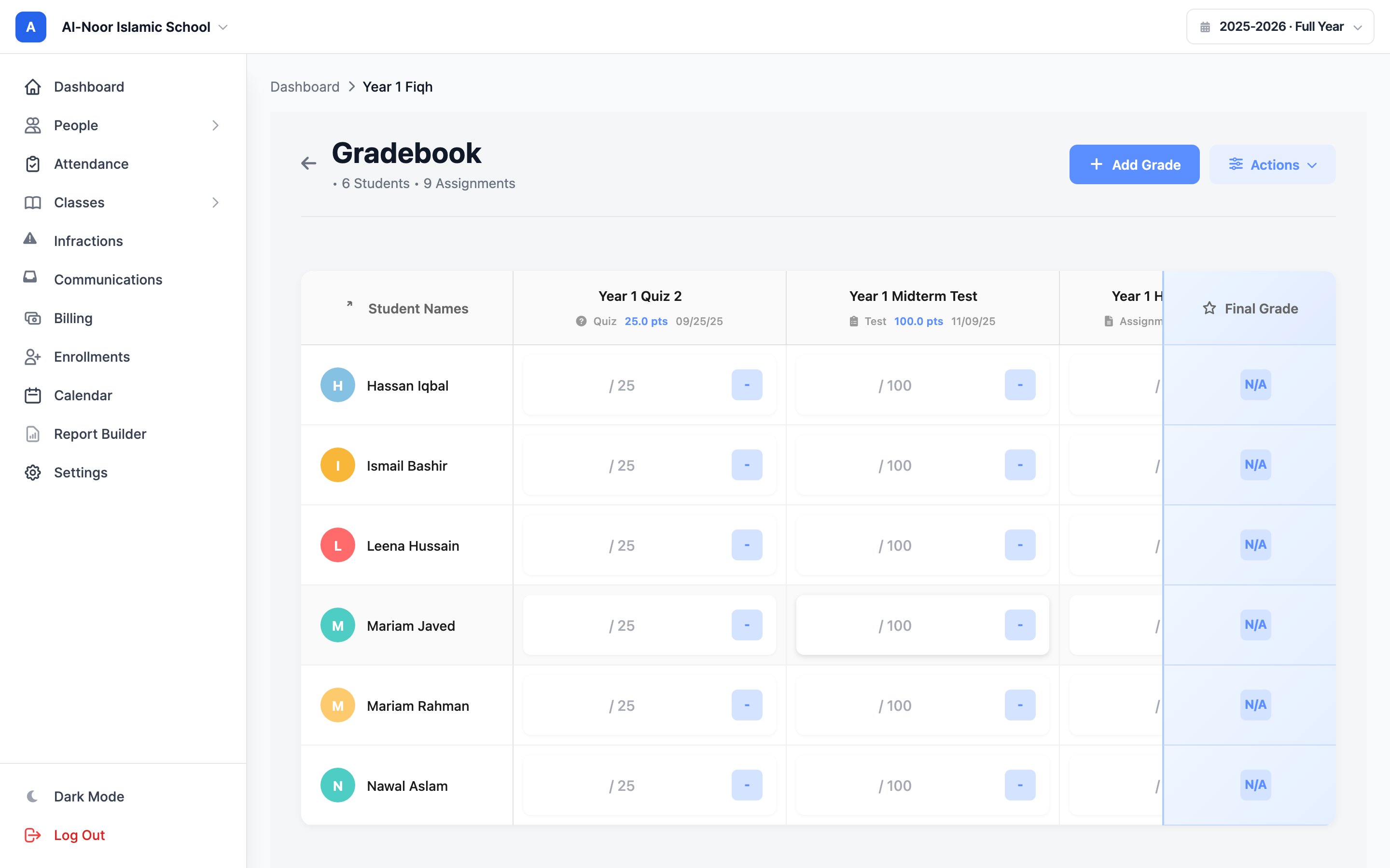 A class gradebook grid: a sticky Student Names column on the left listing students with colored avatar initials, several assignment columns across the top each showing the assignment title, its category with icon, its points (for example 100 pts), and due date, and a sticky Final Grade column on the right showing each student's percentage and letter grade.