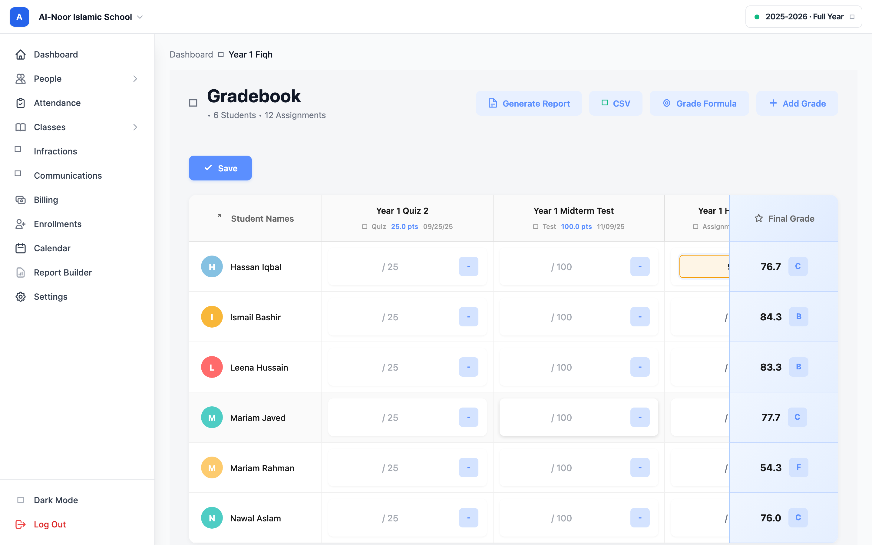 A gradebook cell being edited inline: a number typed into the score input for one student and assignment, with the cell highlighted to show an unsaved change and the letter-grade badge beside it.