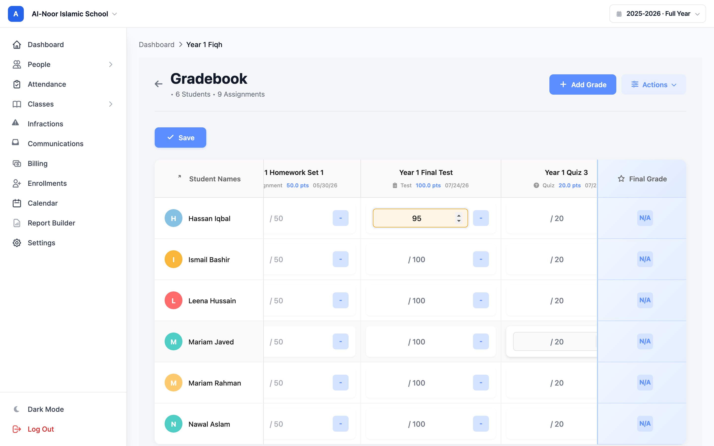 A gradebook cell being edited inline: a number typed into the score input for one student and assignment, with the cell highlighted to show an unsaved change and the letter-grade badge beside it.