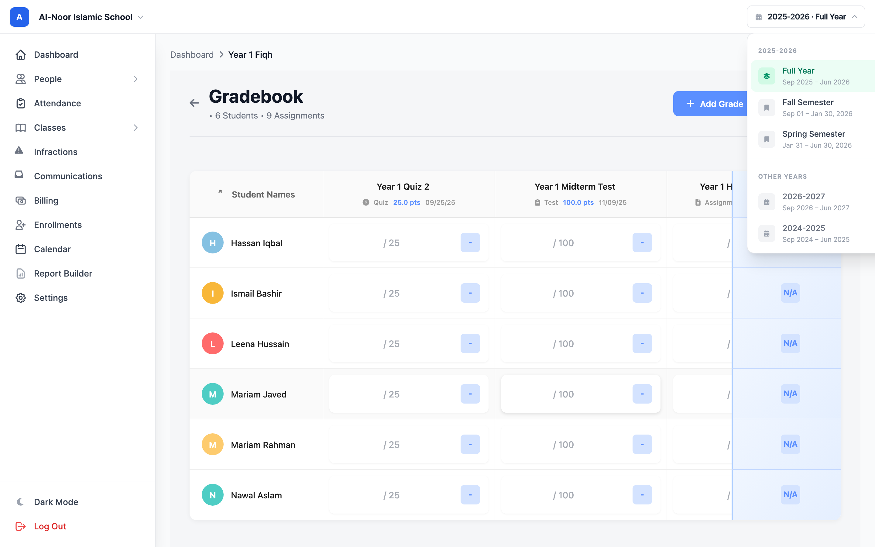 The term picker dropdown open in the top bar, showing a Full Year option and the school year's terms such as Fall and Spring, each with its date range, and a green dot marking the term that is currently active.