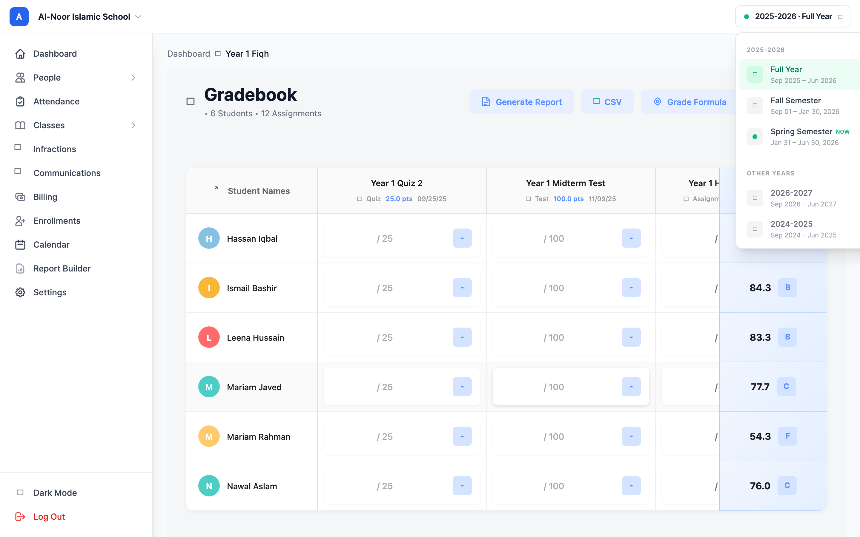 The term picker dropdown open in the top bar, showing a Full Year option and the school year's terms such as Fall and Spring, each with its date range, and a green dot marking the term that is currently active.