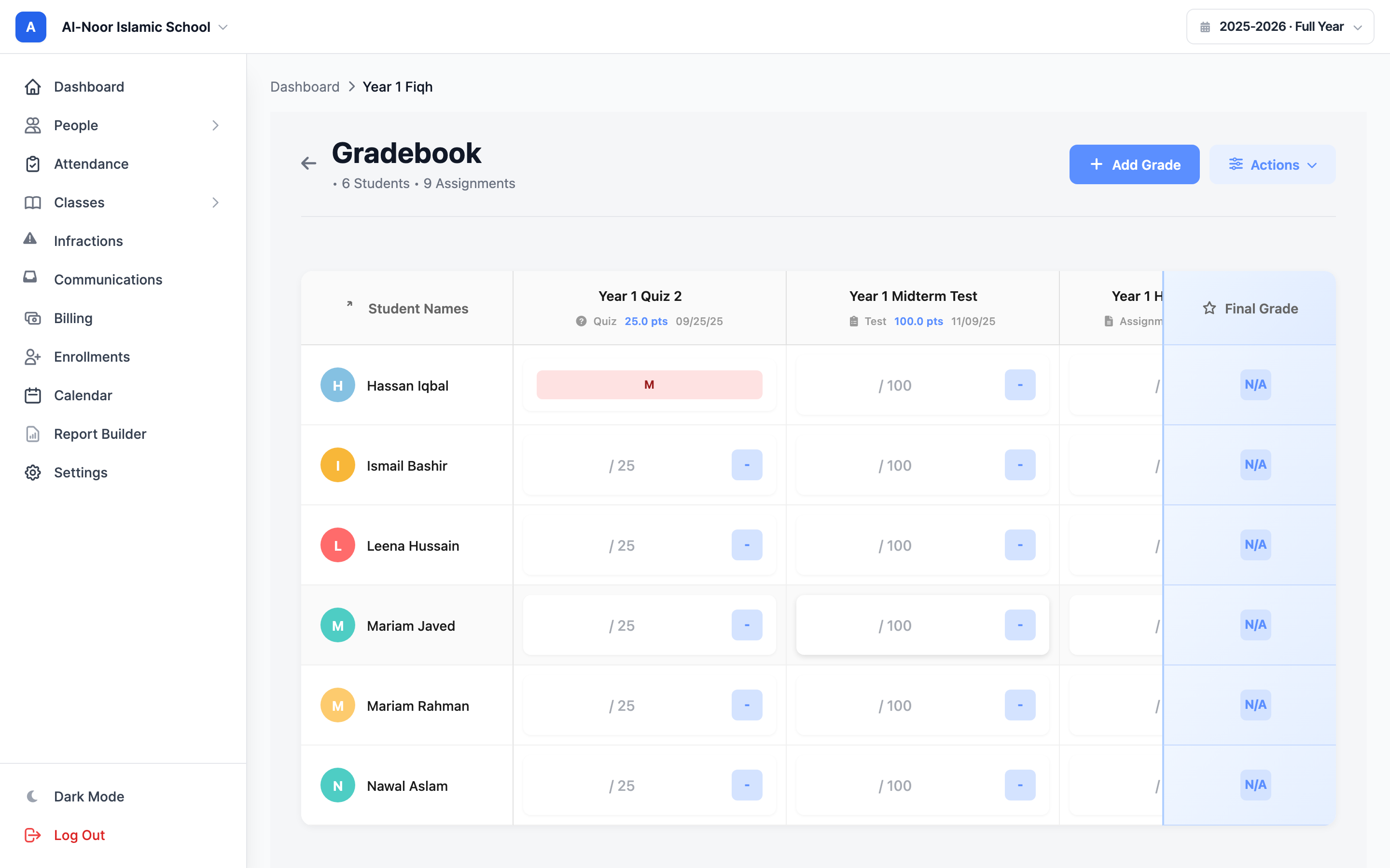 A gradebook cell showing a grade status badge instead of a score input: a red M (Missing) badge in one student's cell for an assignment, with the surrounding cells showing normal numeric scores and their letter badges.