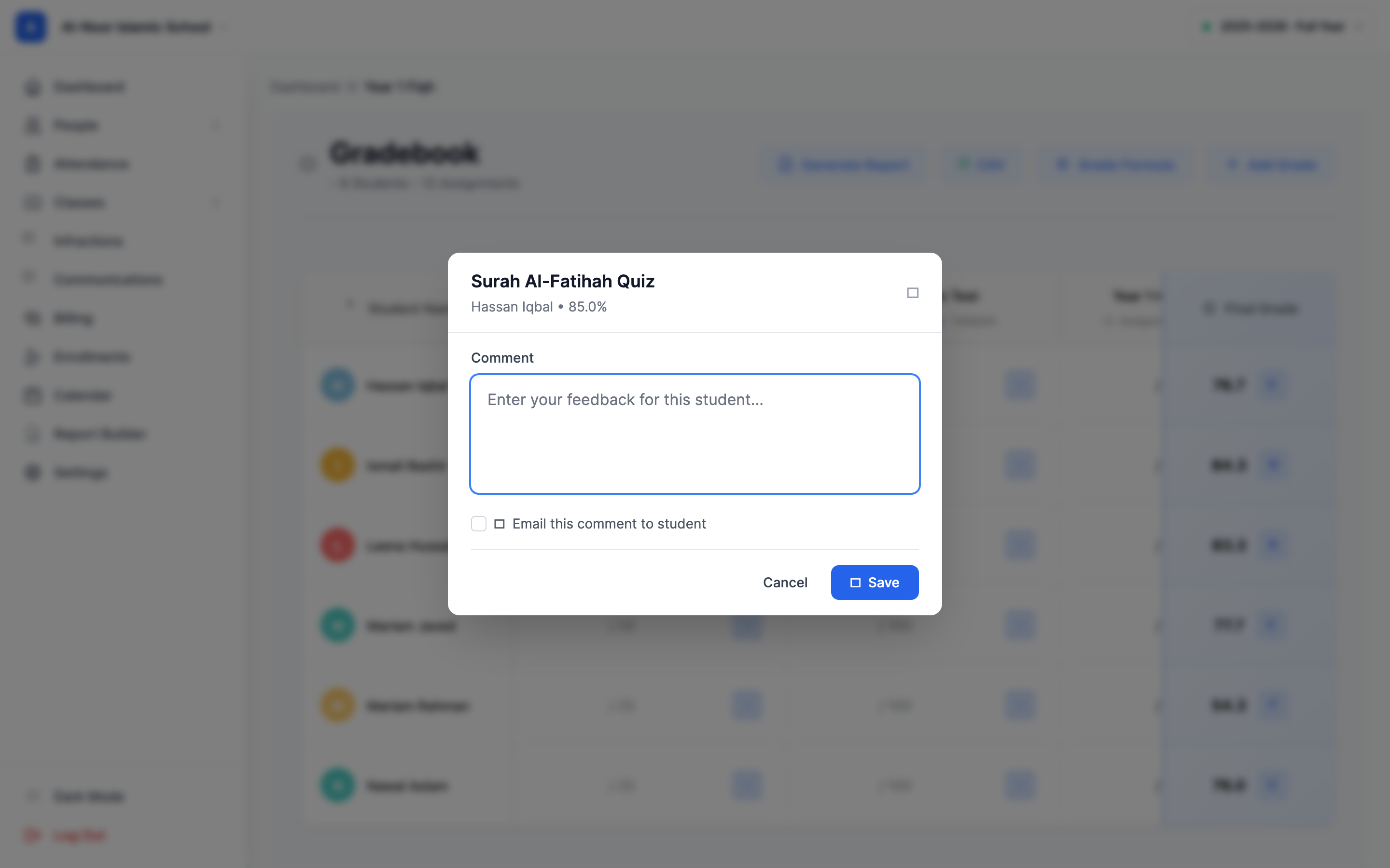 The Add Comment window for a single grade: a header showing the student's name and the grade percentage, a Comment text box with feedback typed in, an 'Email this comment to student' checkbox, and Cancel and Save buttons.