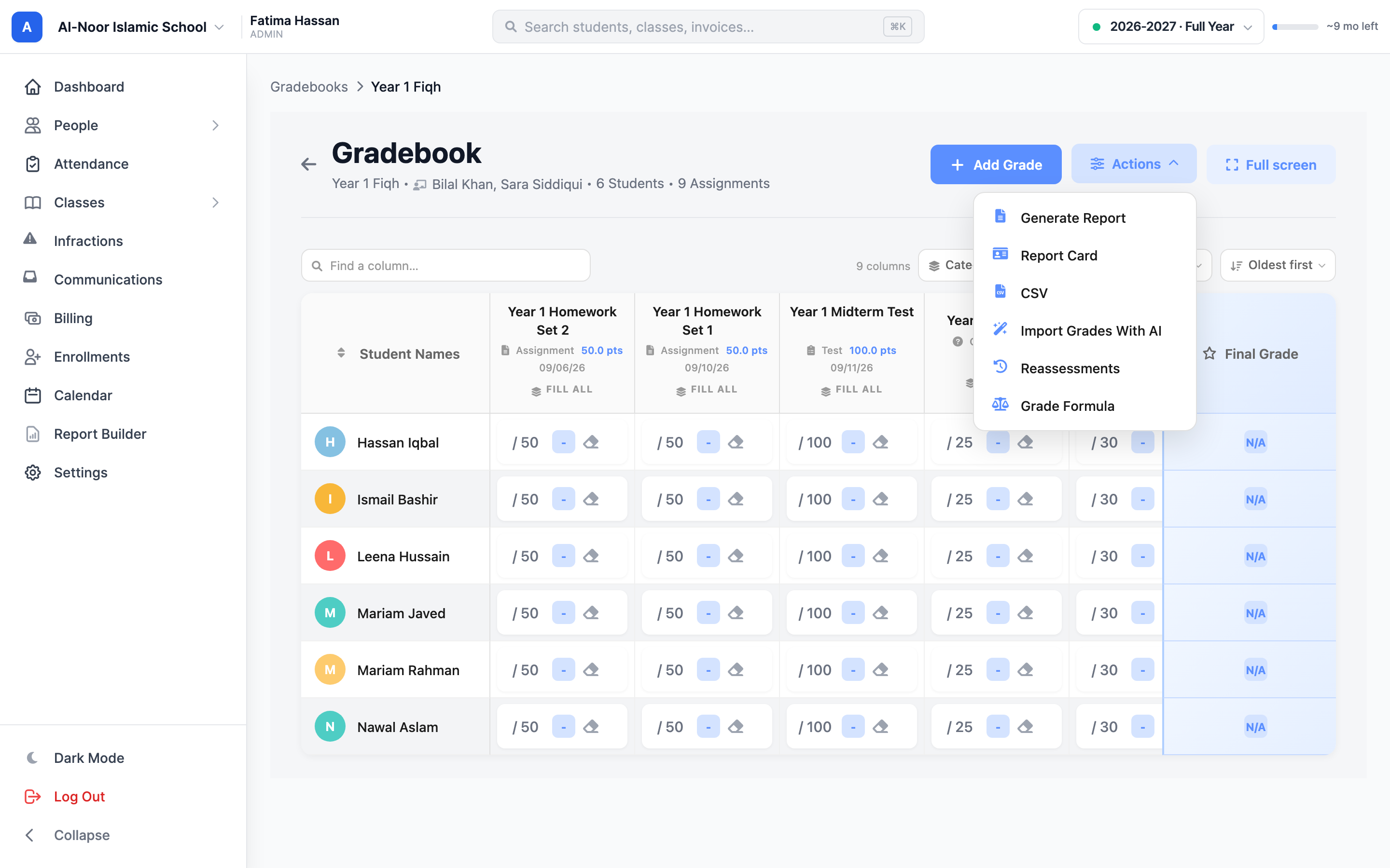 A class gradebook with the Actions menu open, showing Generate Report, Report Card, CSV, and other gradebook tools.