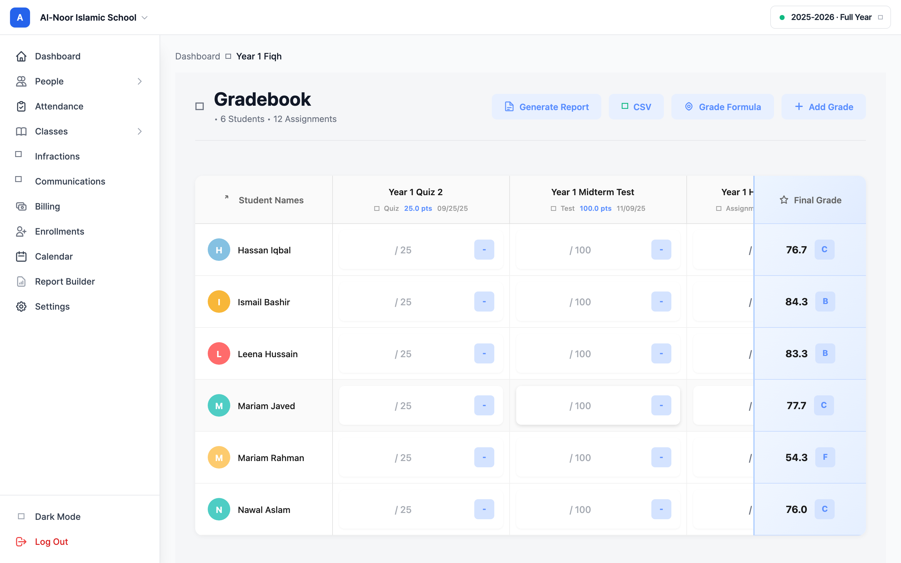 A class gradebook page with the top action bar showing the Grade Formula button next to Generate Report, CSV, and Add Grade buttons.
