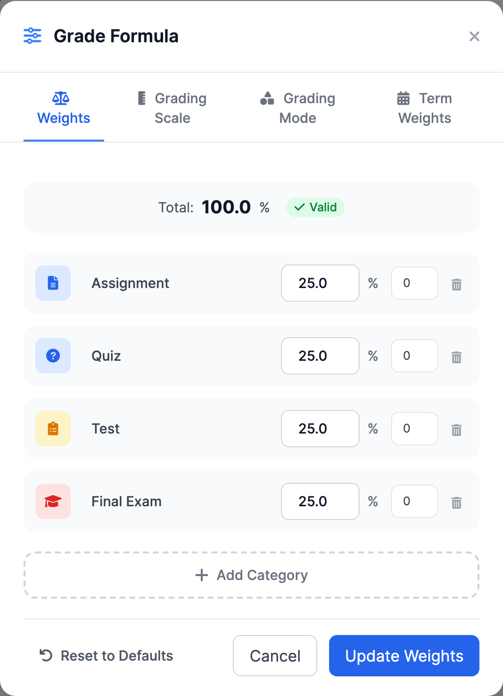 The Weights tab of the Grade Formula window, showing the Total at 100% with a green Valid pill, and rows for Assignment, Quiz, Test, and Final Exam each with an icon, an editable name, a percentage box, and a drop-lowest box.