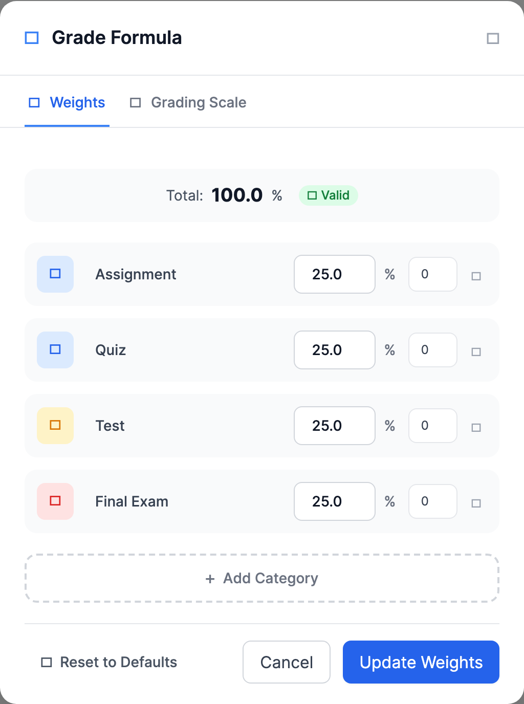 The Term Weights tab of the Grade Formula window, listing graded terms each with a name, date range, and a percentage box, plus a running total that must equal 100 percent.