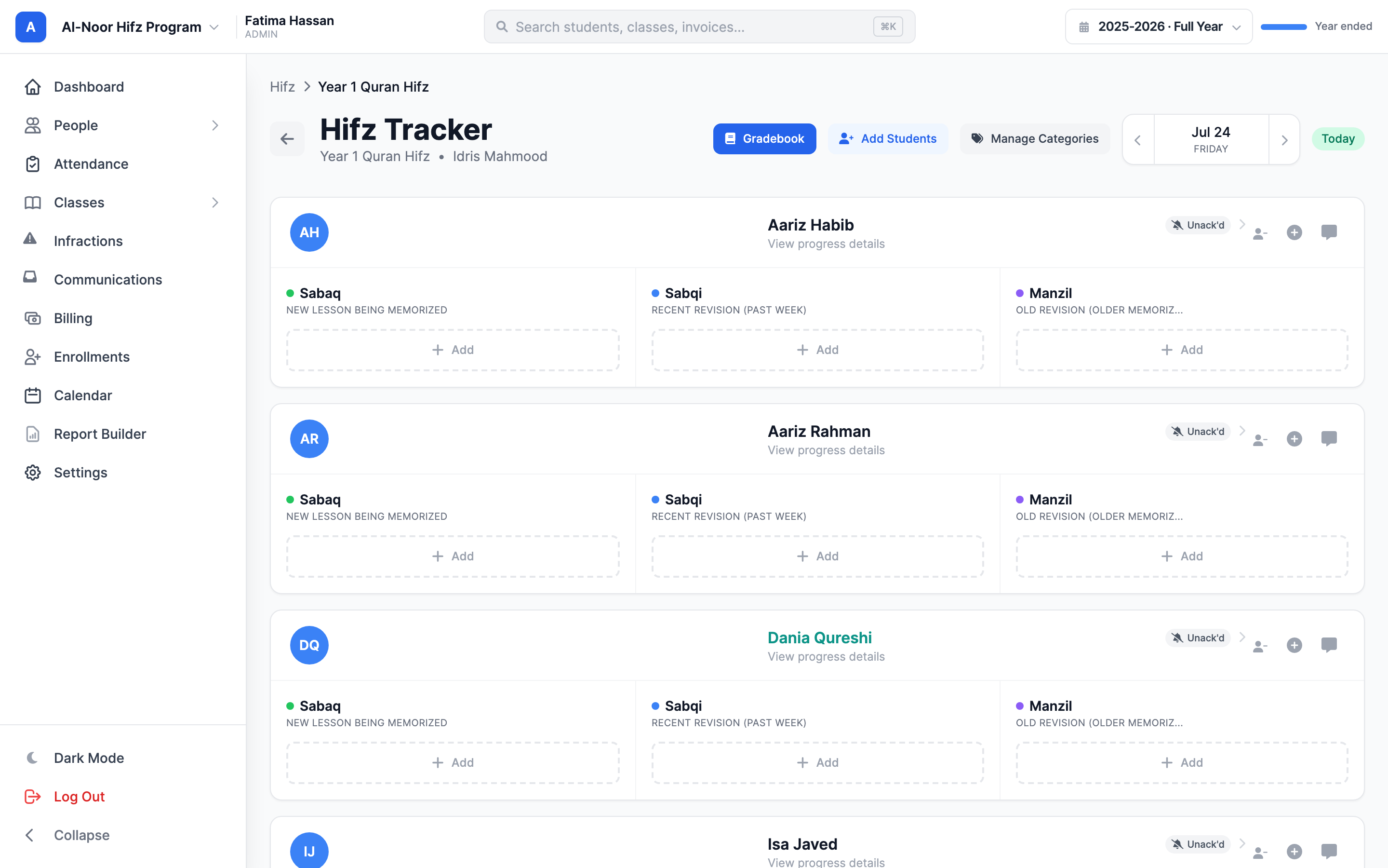 The Hifz tracker for a class, showing the date navigation at the top, the admin-only Add Students and Manage Categories buttons, and a student card with category rows below.