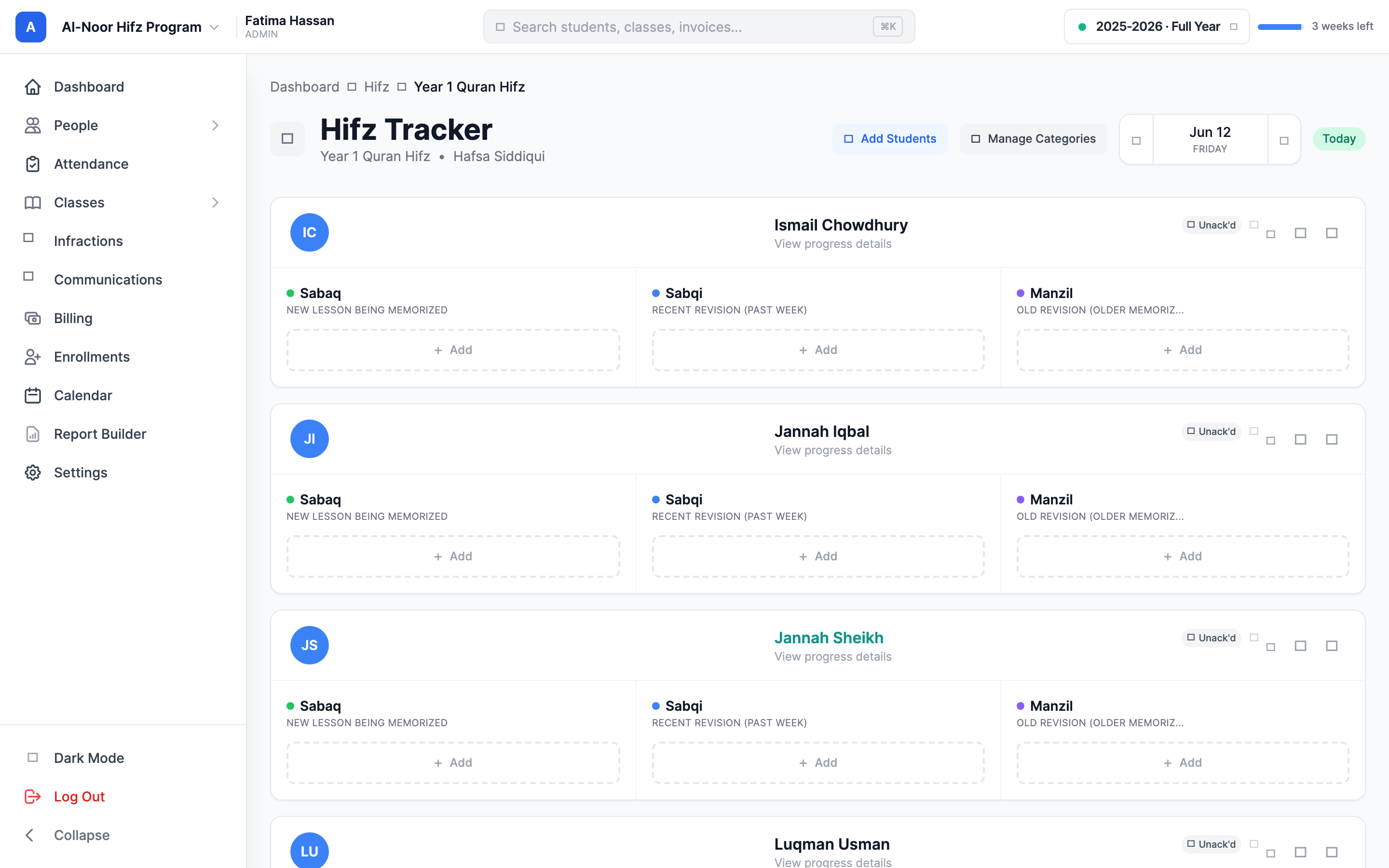The Hifz tracker for a class, showing the date navigation at the top, the admin-only Add Students and Manage Categories buttons, and a student card with category rows below.