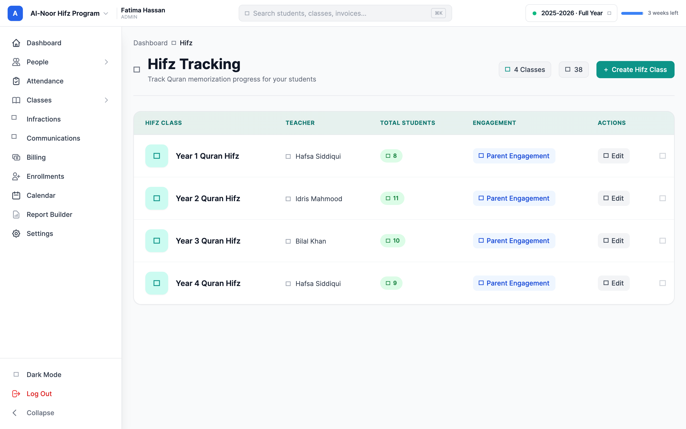 The Hifz Tracking page listing Hifz classes in a table with Hifz Class, Teacher, Total Students, Engagement, and Actions columns, plus a teal Create Hifz Class button in the top-right.