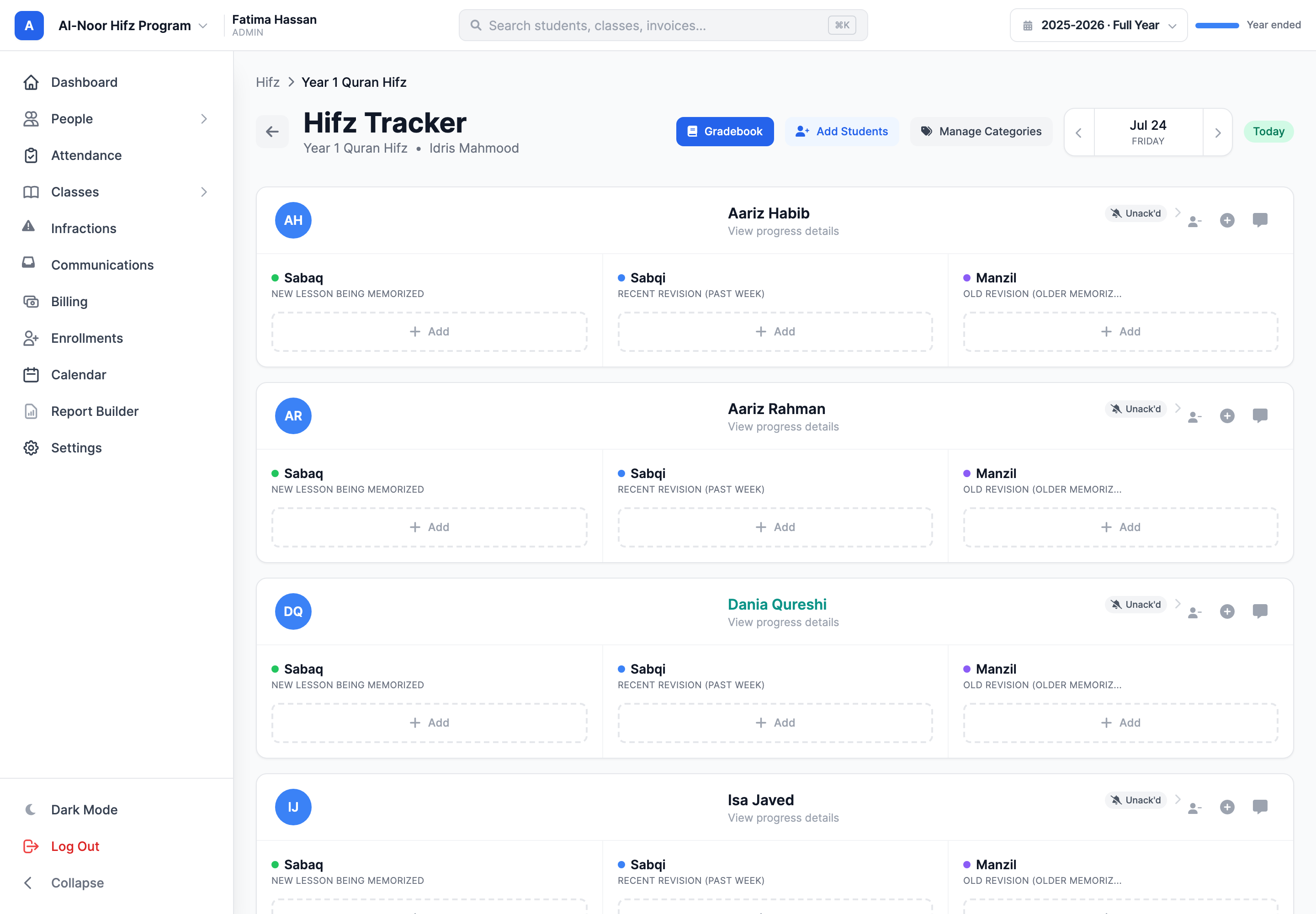 The Hifz Tracker daily page for one class, showing the date navigator with a Today badge, an Add Students button, a Manage Categories button, and a student card with category sections each ending in a dashed Add button.