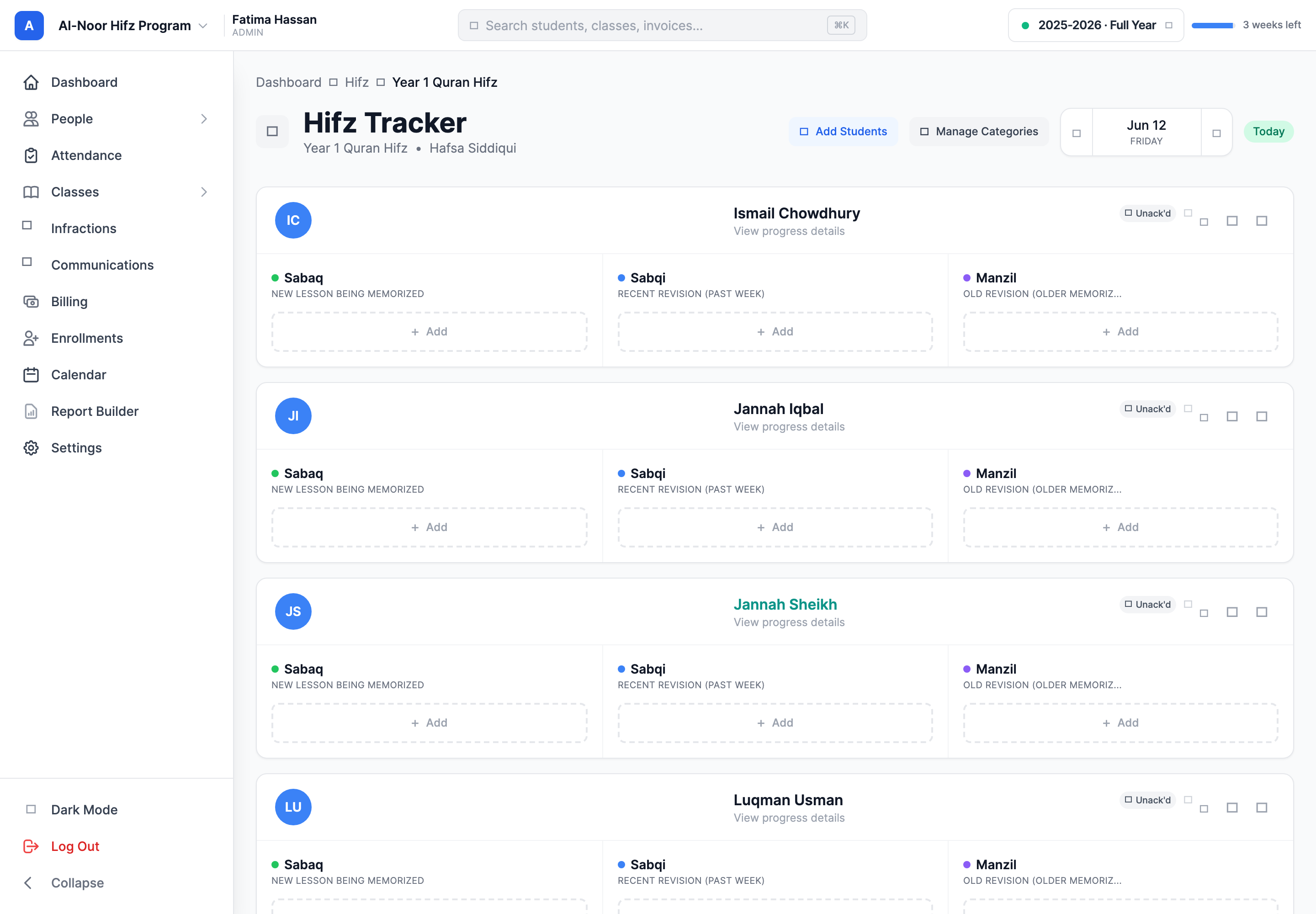 The Hifz Tracker daily page for one class, showing the date navigator with a Today badge, an Add Students button, a Manage Categories button, and a student card with category sections each ending in a dashed Add button.