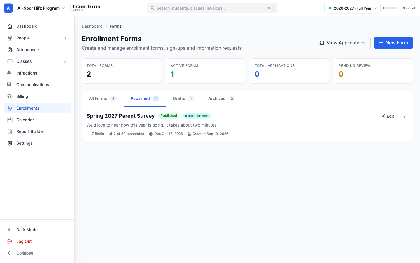 The Enrollment Forms list with the Published tab open, showing an information form row titled Spring 2027 Parent Survey with a green Published pill, a teal Info Collection badge, its field count, '2 of 30 responded' and its due date.