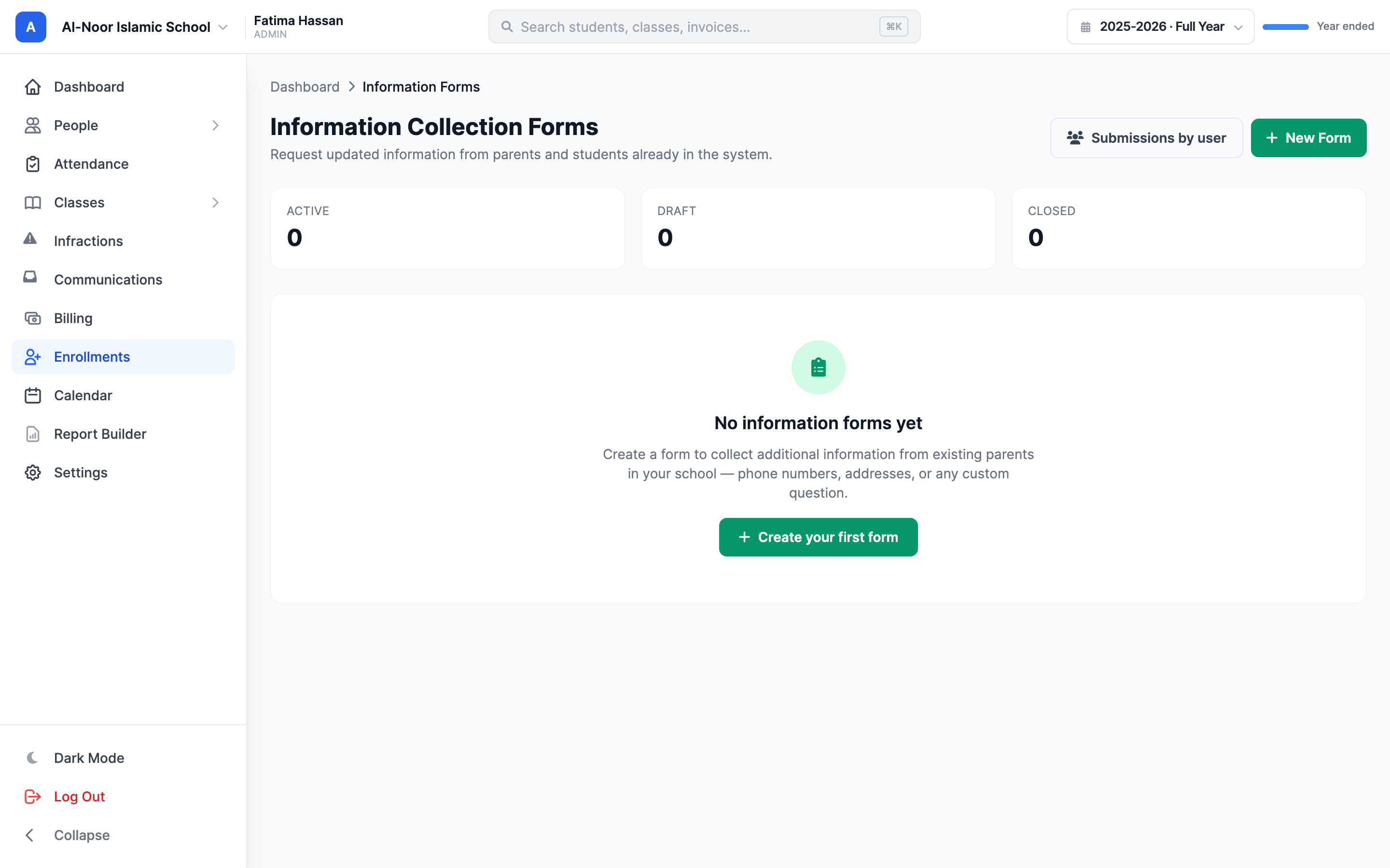 The Information Collection Forms page: a header reading 'Information Collection Forms' with the subtitle 'Request updated information from parents and students already in the system', three stat cards (Active, Draft, Closed), a green New Form button, a 'Submissions by user' button, and a list of existing forms each with a status pill.