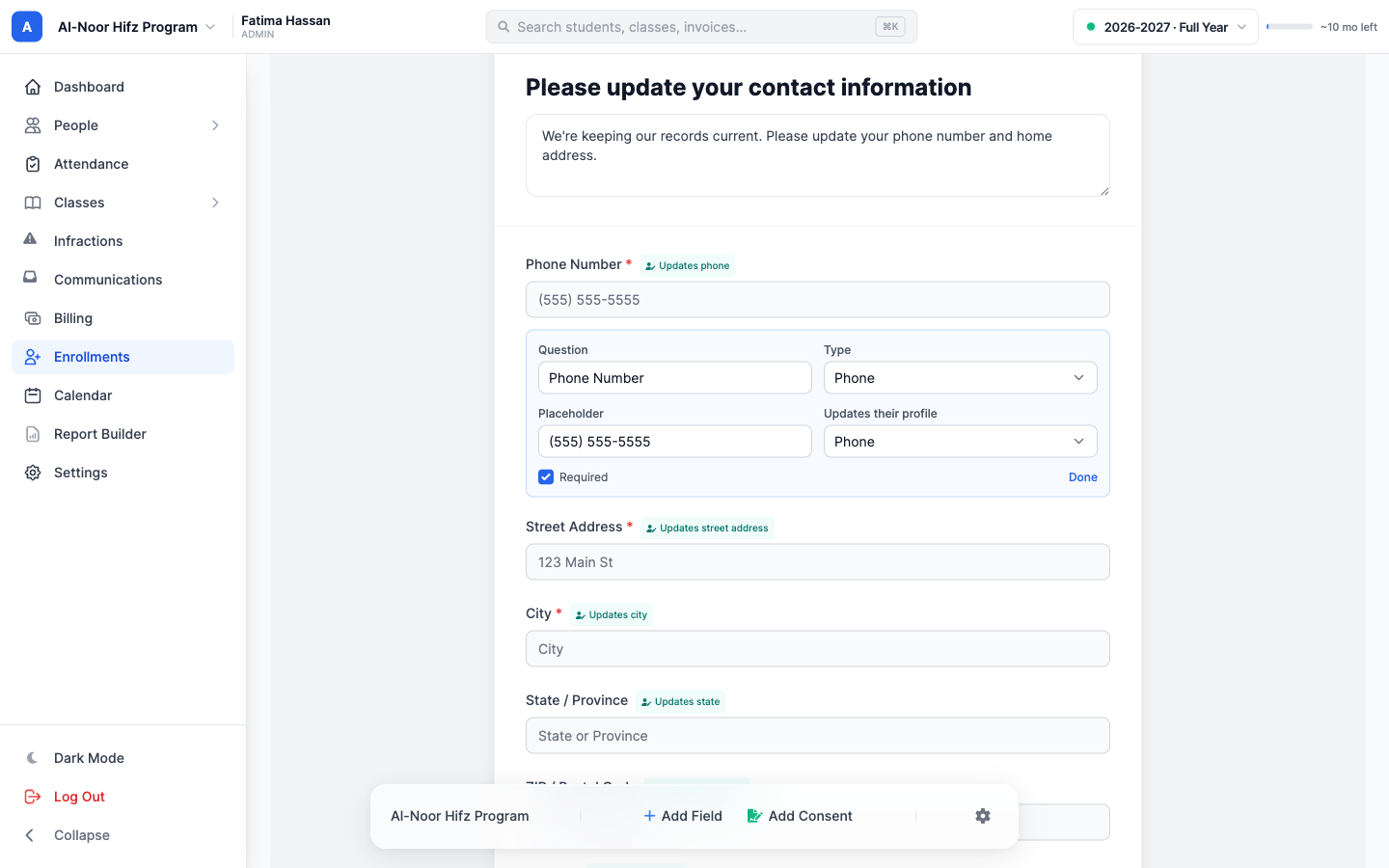 The information form builder for a contact update form: each question carries a small 'Updates phone' or 'Updates city' tag, and the Phone Number question's edit panel is open showing the Question and Type boxes, a Placeholder box, the 'Updates their profile' dropdown set to Phone, and the Required checkbox, above the Add Field and Add Consent toolbar.