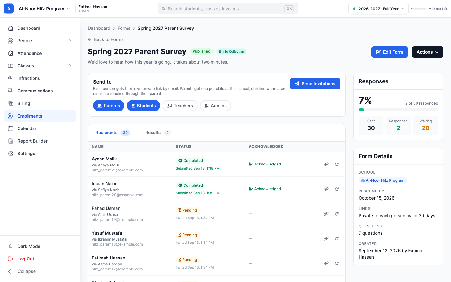 A form's page: the Send to panel with Parents, Students, Teachers and Admins buttons and a Send Invitations button, the Recipients tab listing invited families with Completed or Pending status and an Acknowledged column, and on the right a Responses card reading 7% — 2 of 30 responded — above the Form Details card.
