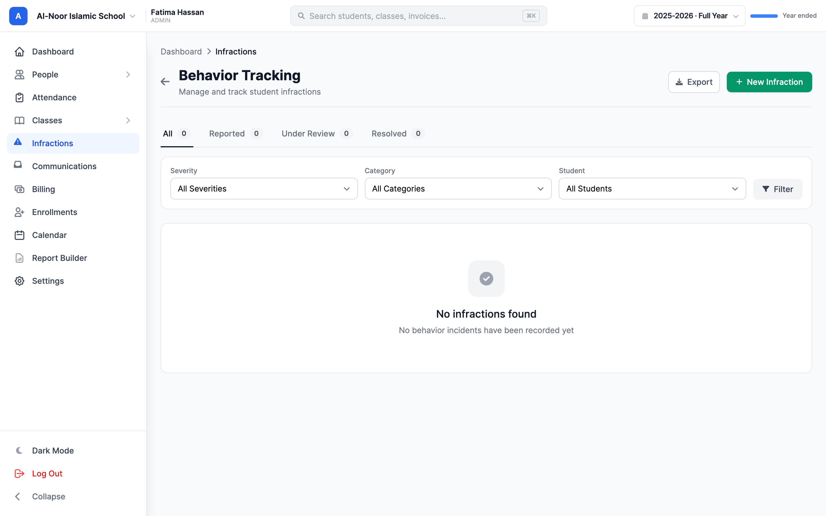 The Behavior Tracking page showing the All / Reported / Under Review / Resolved status tabs with counts, a filter bar with Severity, Category and Student dropdowns, and a table of infractions listing Date, Student, Category, Severity, Status and Recorded By, with an Export button and a green New Infraction button.