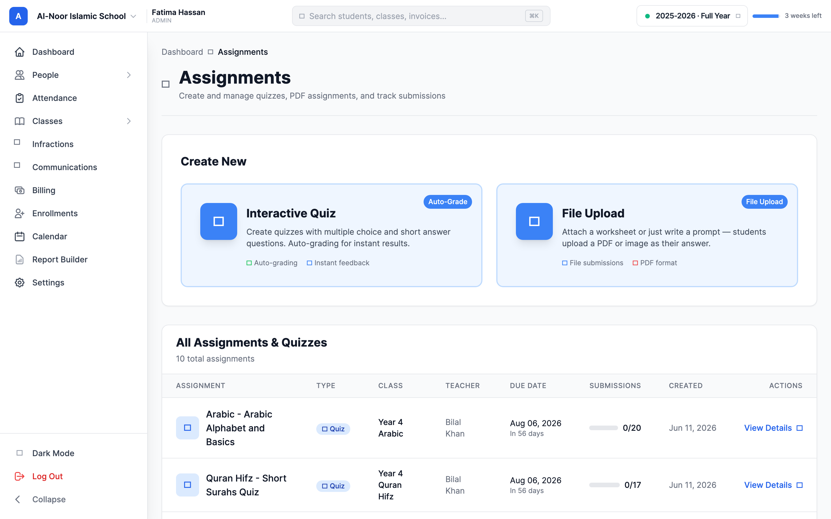 The Assignments hub page showing the Create New section with two cards — Interactive Quiz with an Auto-Grade badge and File Upload — above the All Assignments & Quizzes table listing assignments with their type, class, due date, and submission counts.