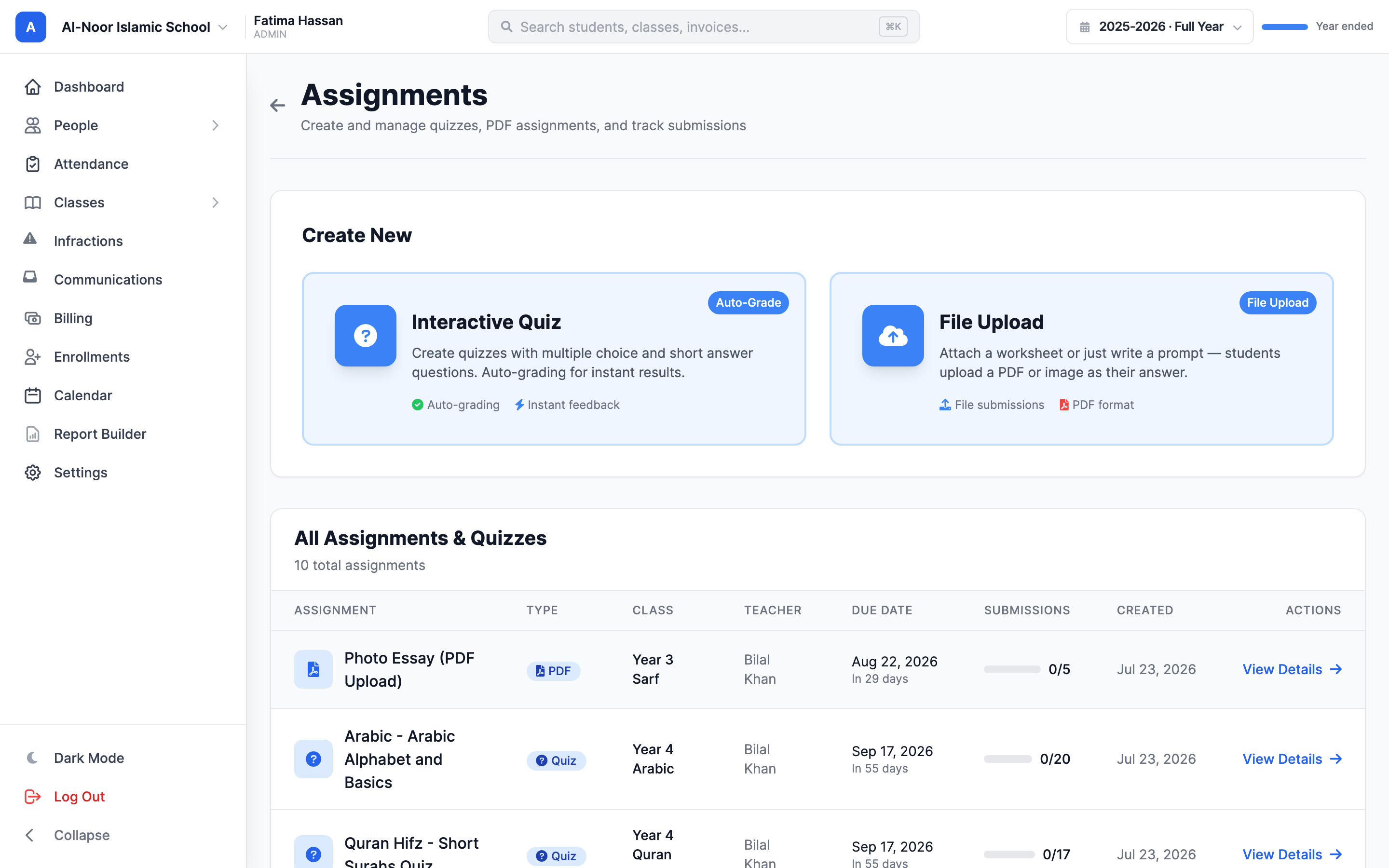 The Assignments hub page showing the Create New section with two cards — Interactive Quiz with an Auto-Grade badge and File Upload — above the All Assignments & Quizzes table listing assignments with their type, class, due date, and submission counts.