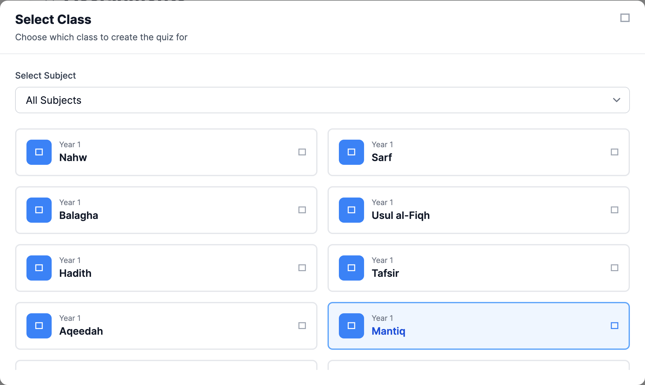 The Select Class modal opened from the Assignments hub, asking 'Choose which class to create the quiz for' with a list of classes such as Year 1 Fiqh to pick from.