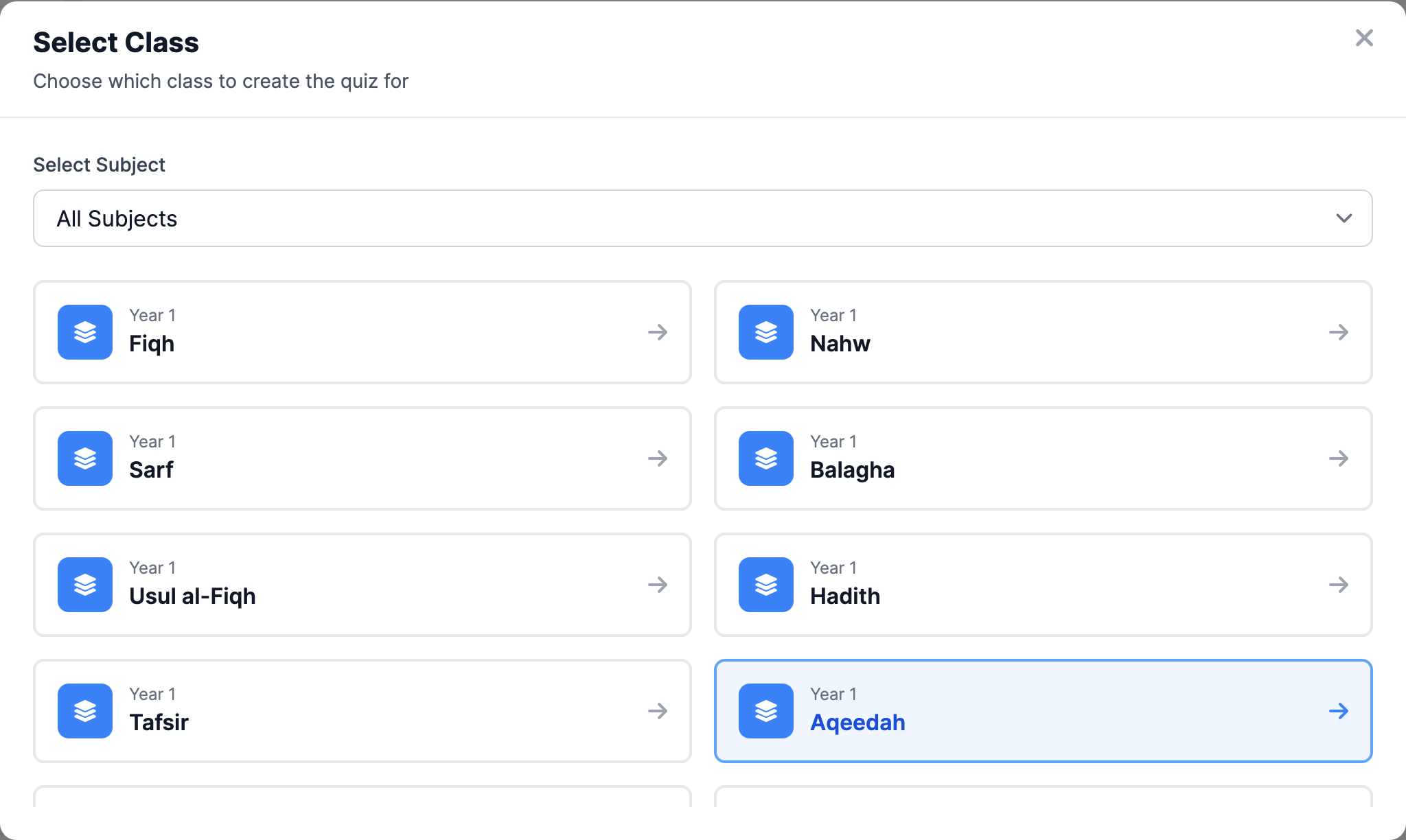 The Select Class modal opened from the Assignments hub, asking 'Choose which class to create the quiz for' with a list of classes such as Year 1 Fiqh to pick from.
