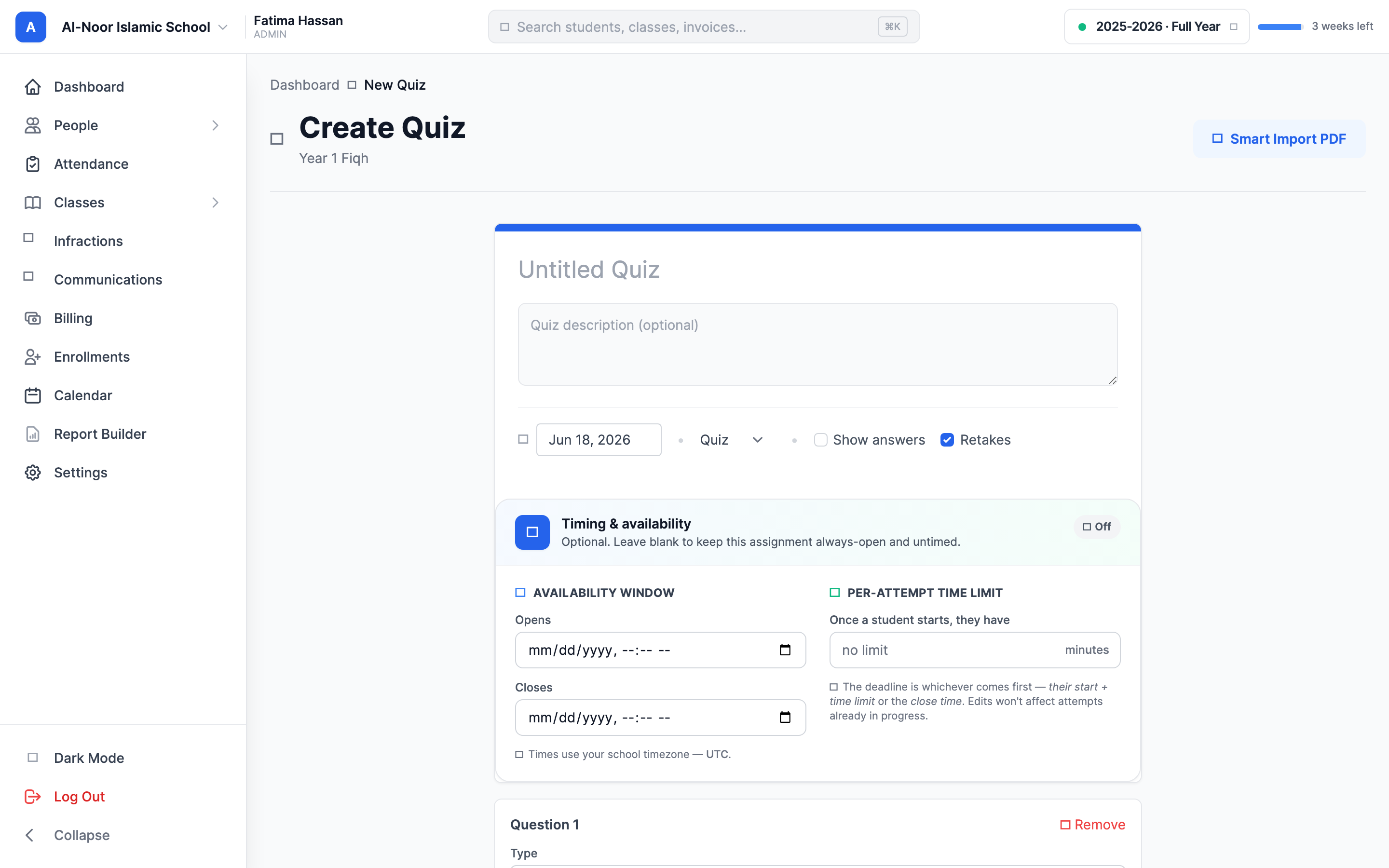 The Create Quiz form showing the title, description, due date and Type fields, an added question with the question type dropdown, answer options labeled Option 1 and Option 2, the Select the correct answer control, a per-question points field, and the Timing & availability card below.