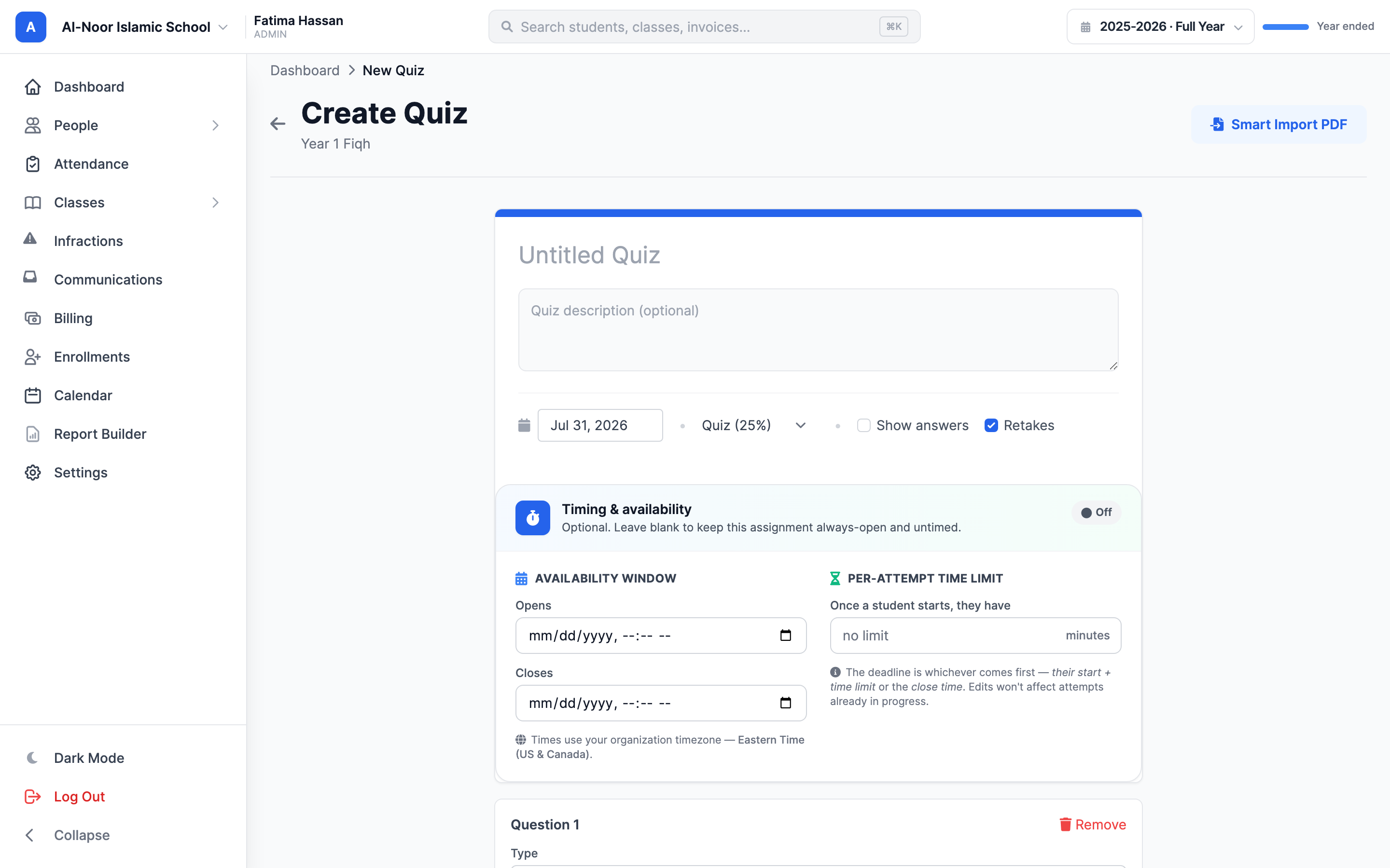 The Create Quiz form showing the title, description, due date and Type fields, an added question with the question type dropdown, answer options labeled Option 1 and Option 2, the Select the correct answer control, a per-question points field, and the Timing & availability card below.