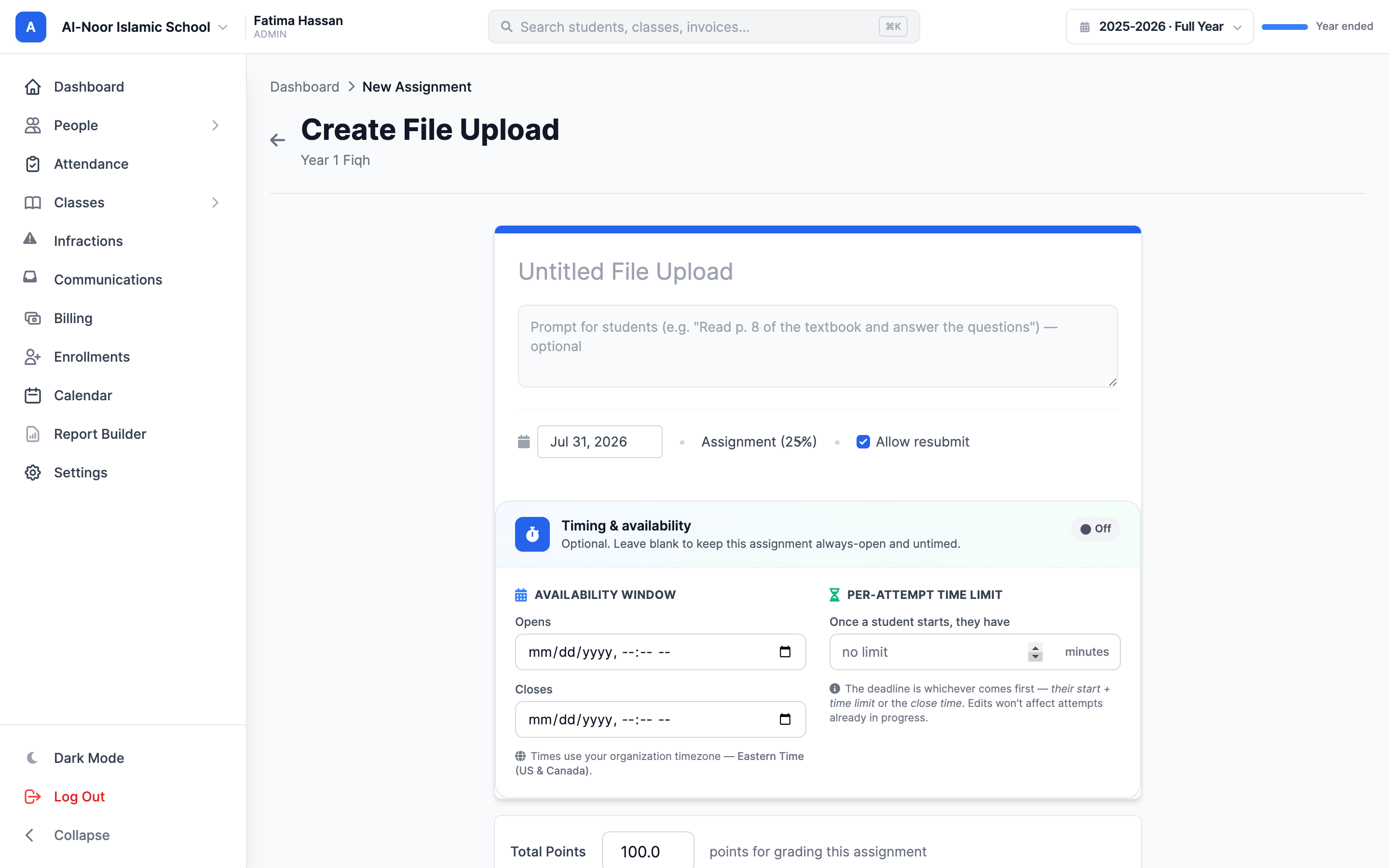 The Create File Upload form showing the Title, Description prompt, Due Date, Type, and Total Points fields, the optional reference file upload area, the Allow resubmit checkbox, and the Timing & availability card.