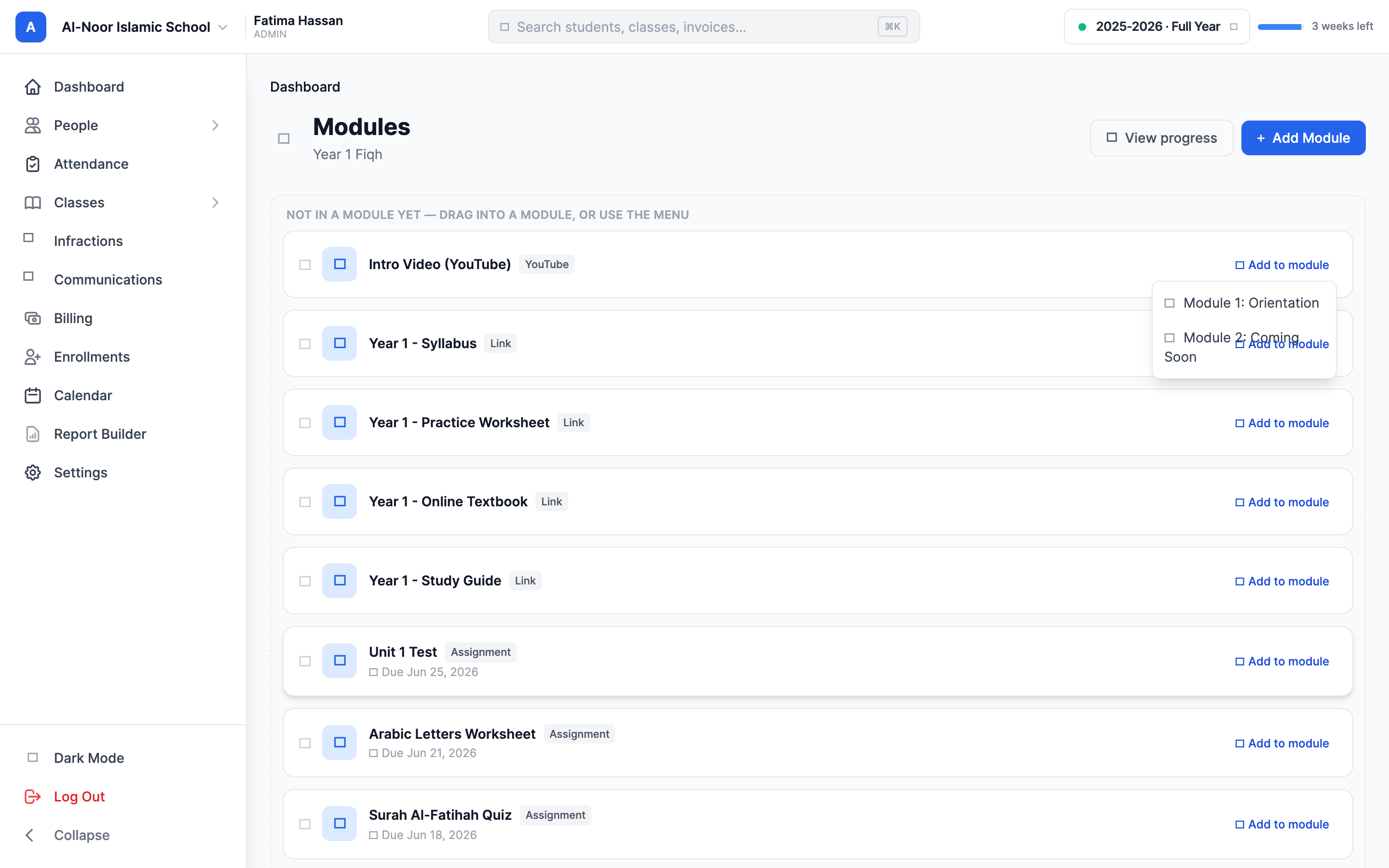 The Add item dropdown open on a module, listing the five item kinds: Resource, Assignment, Link, Page (text), and Text header, each with its own icon.