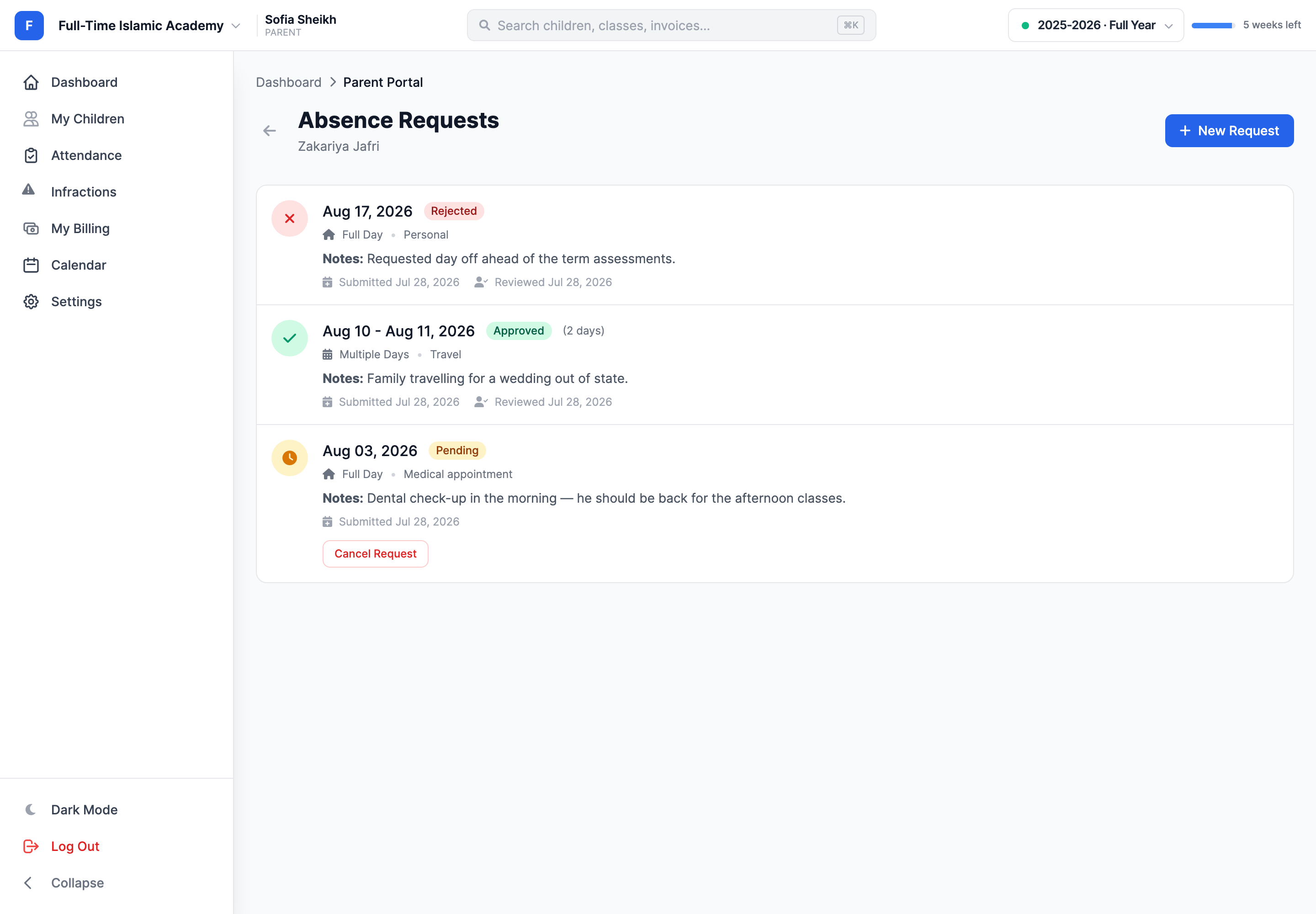 A child's Absence Requests list showing three entries: one rejected full-day personal request, one approved two-day travel request, and one pending medical appointment request that still has a Cancel Request button.