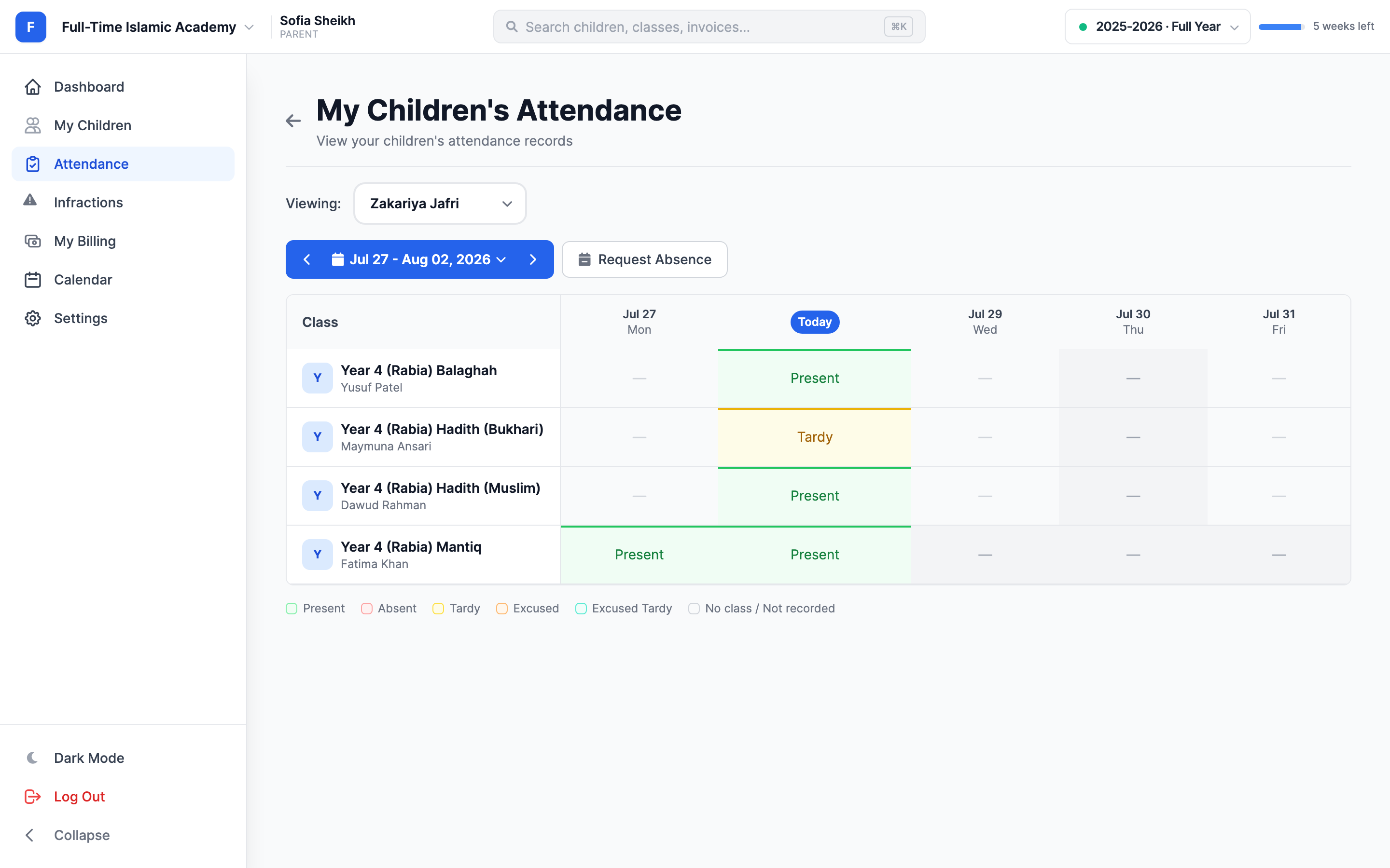 The My Children's Attendance page showing a Viewing row with each child's name, a week range with arrows, a Request Absence button, and a grid with one row per class and one column per weekday, each cell showing Present, Tardy or a dash, plus a legend beneath.