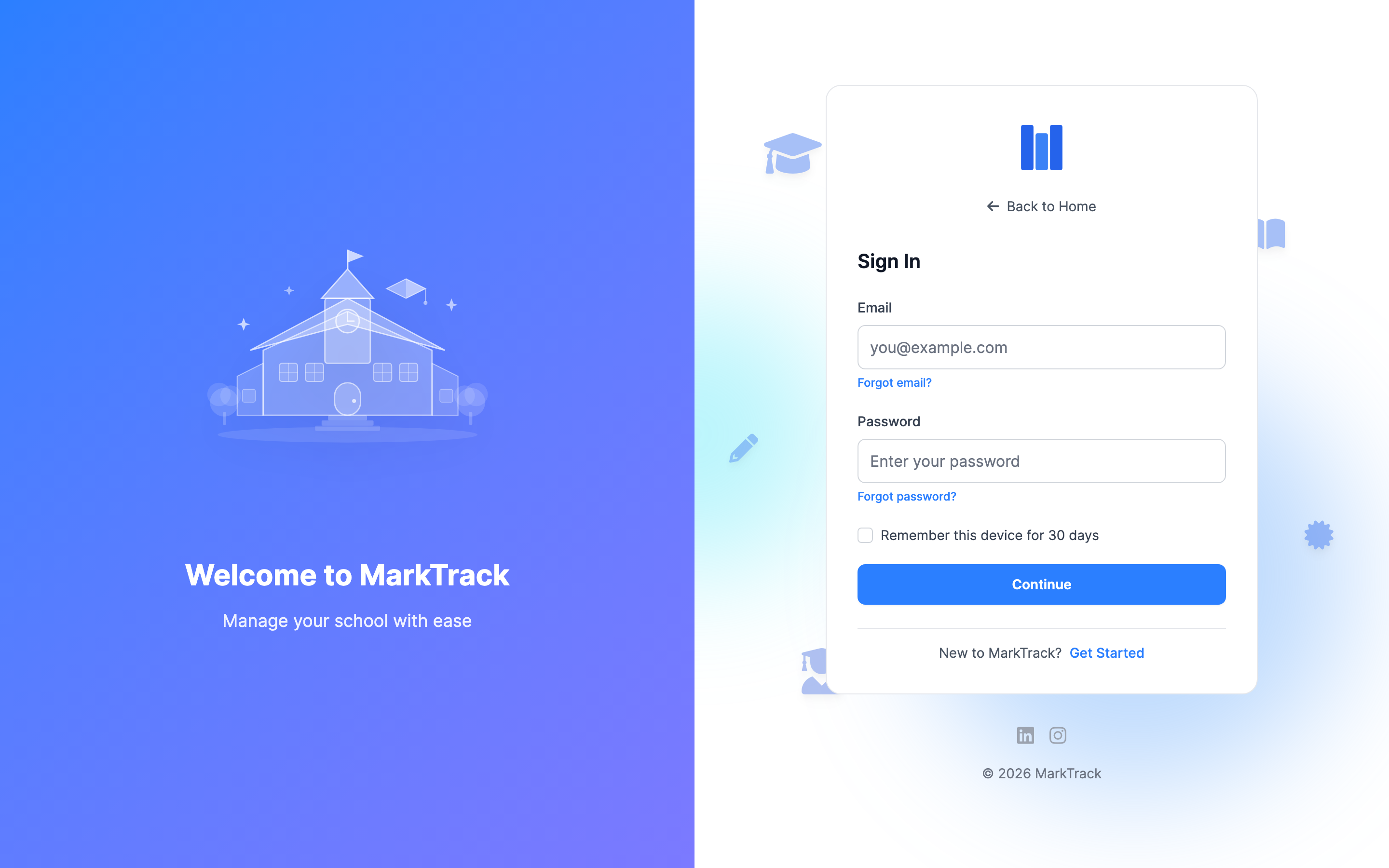 The MarkTrack sign-in page showing a Sign In heading, an Email field with a Forgot email link, a Password field with a Forgot password link, a Remember this device for 30 days checkbox and a blue Continue button.